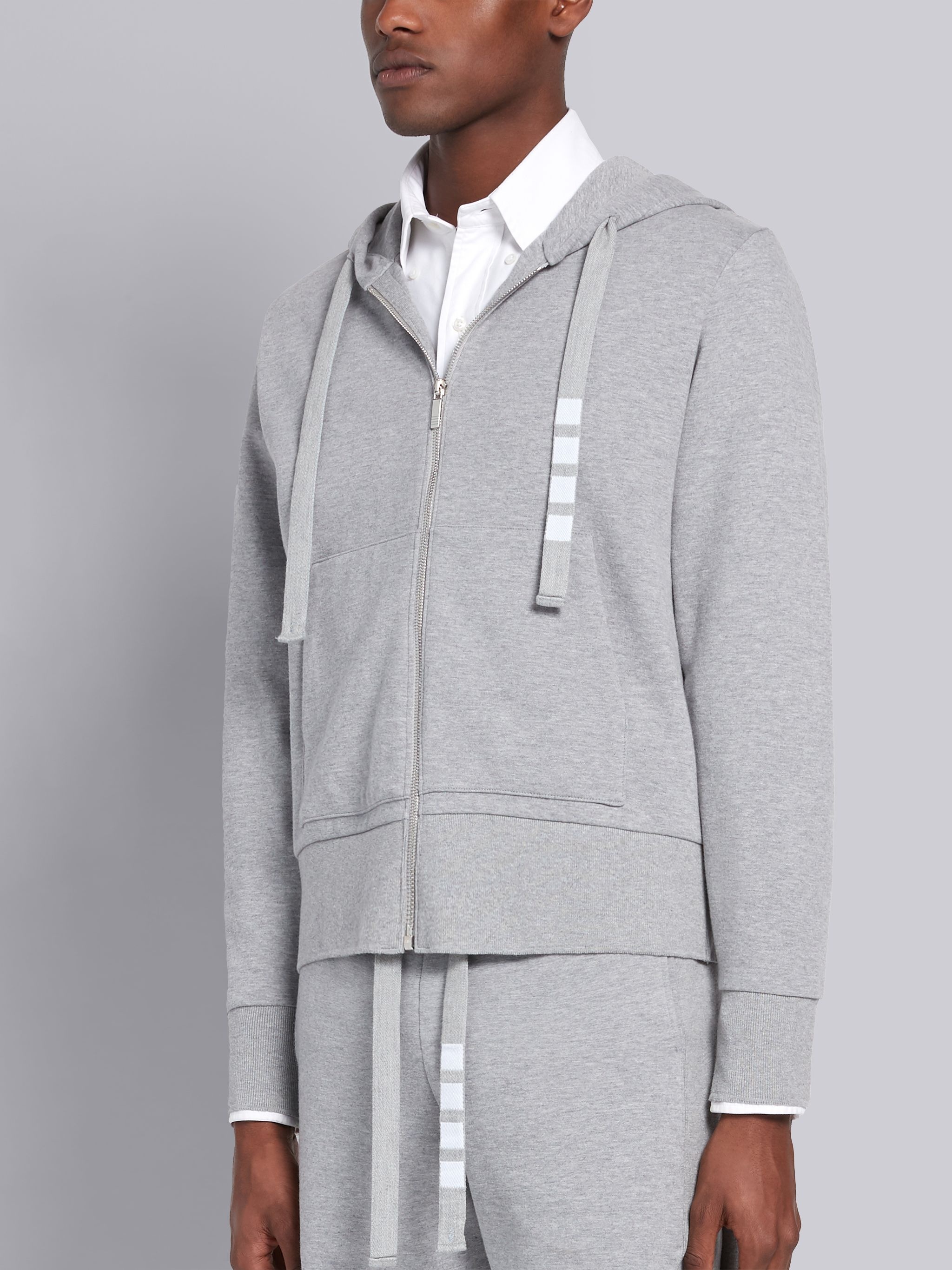 Light Grey Double Knit Cotton 4-Bar Zip-up Hoodie - 3