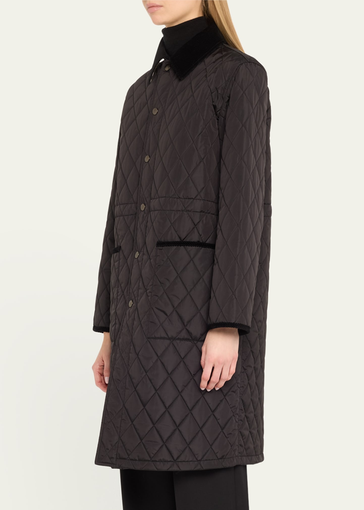 Corduroy-Collar Quilted Long Jacket - 4