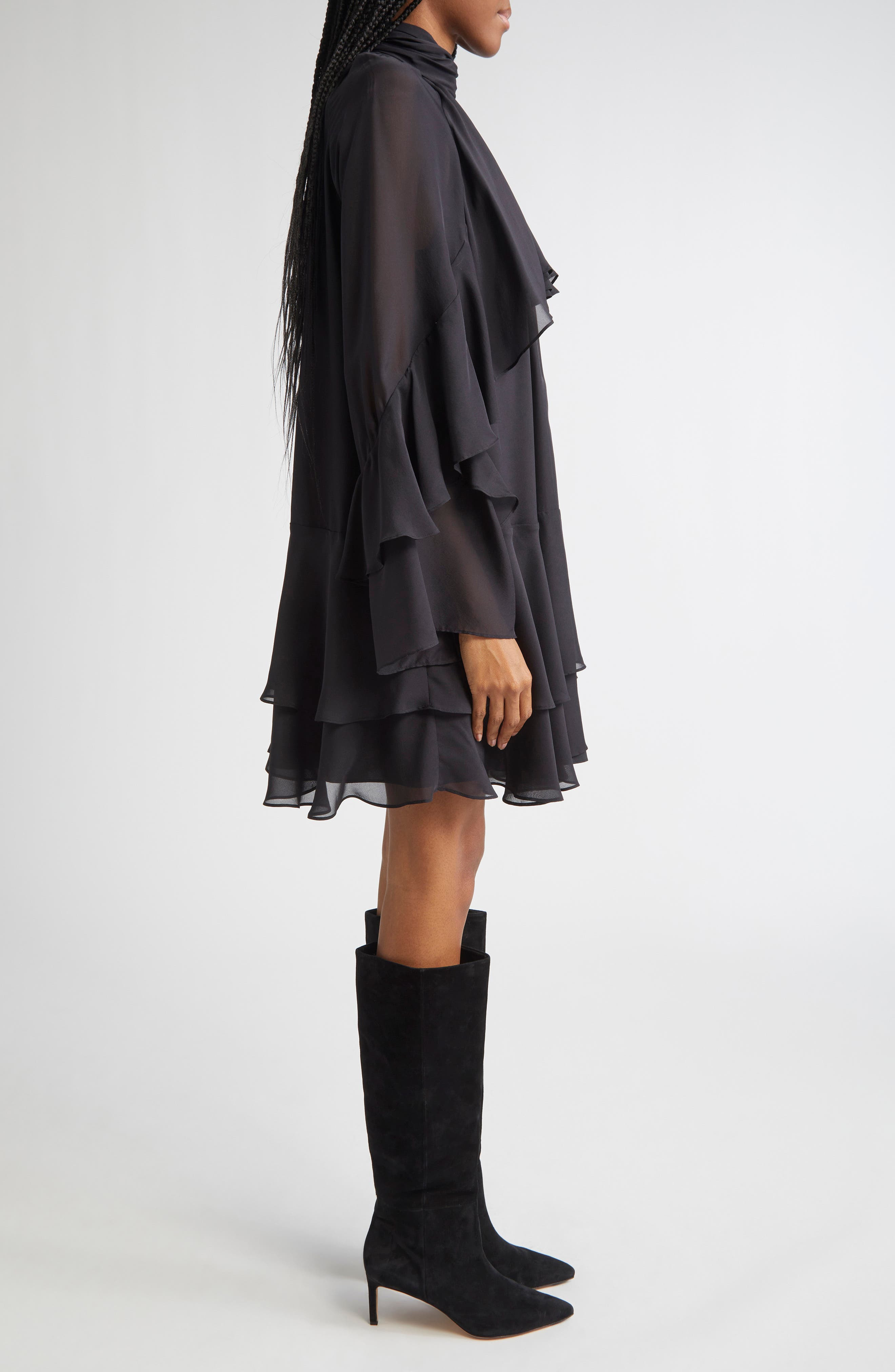 Veronica Beard Adlington Ruffle Detail Long Sleeve Silk Chiffon Dress in Black at Nordstrom - 3