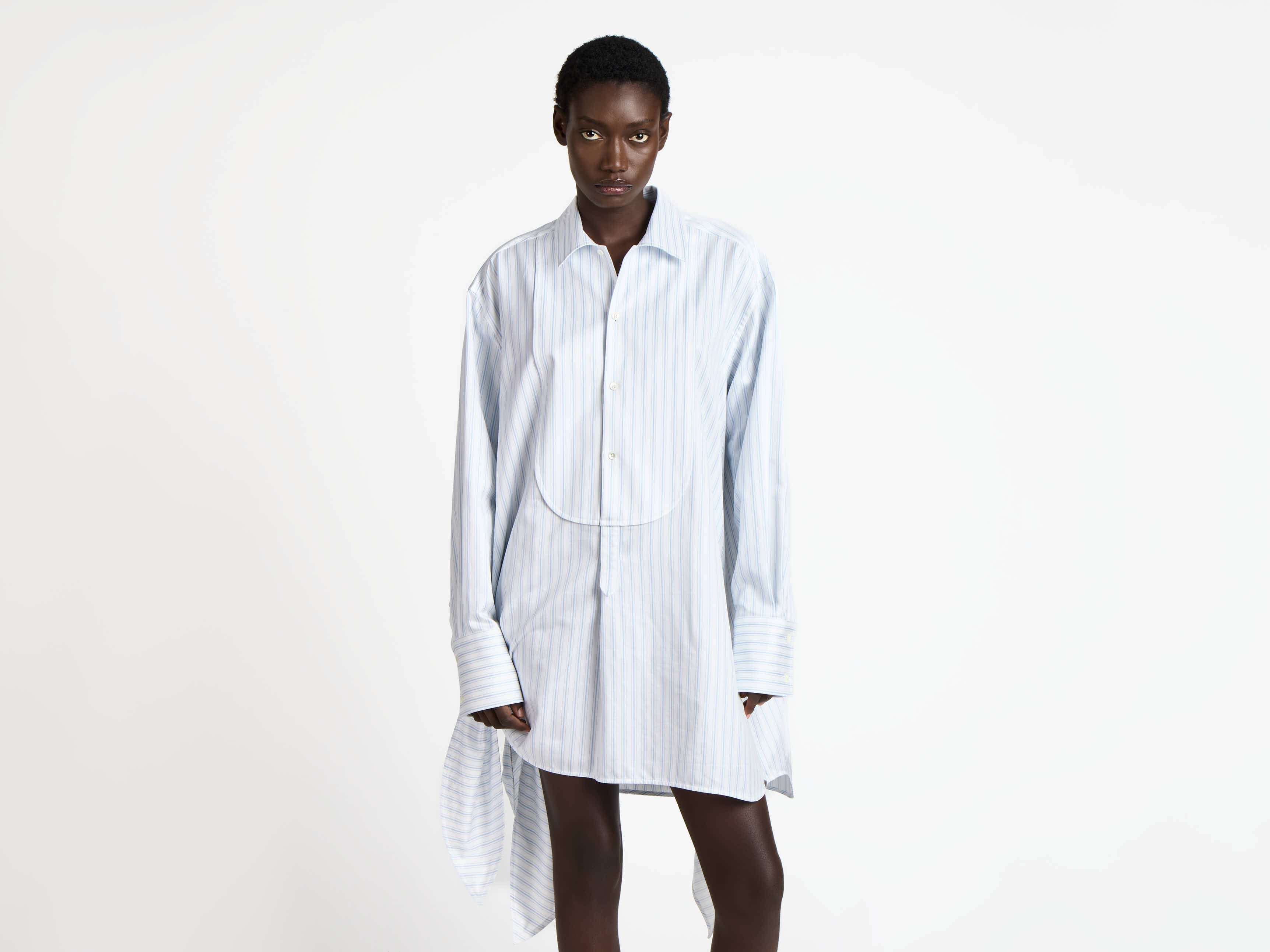 KNOTTED DETAIL SHIRT DRESS IN WHITE & BLUE - 5