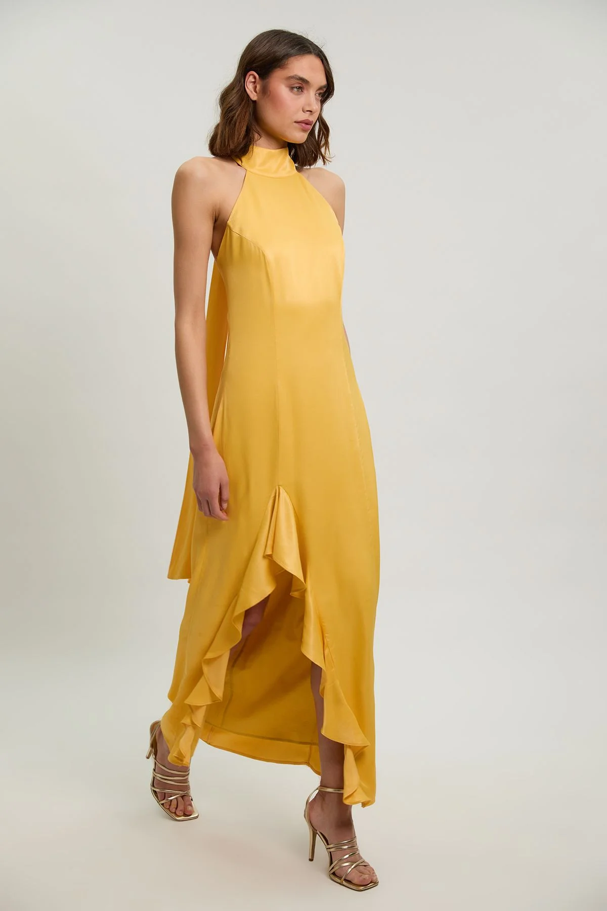 Ruffle Detail Satin Viscose Halterneck Maxi Dress - 1
