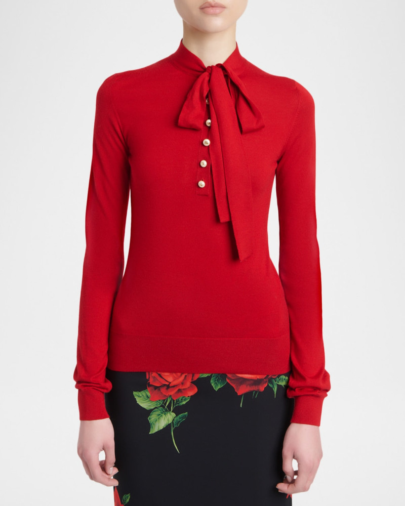 Bow Long-Sleeve Buttoned Knit Top 4