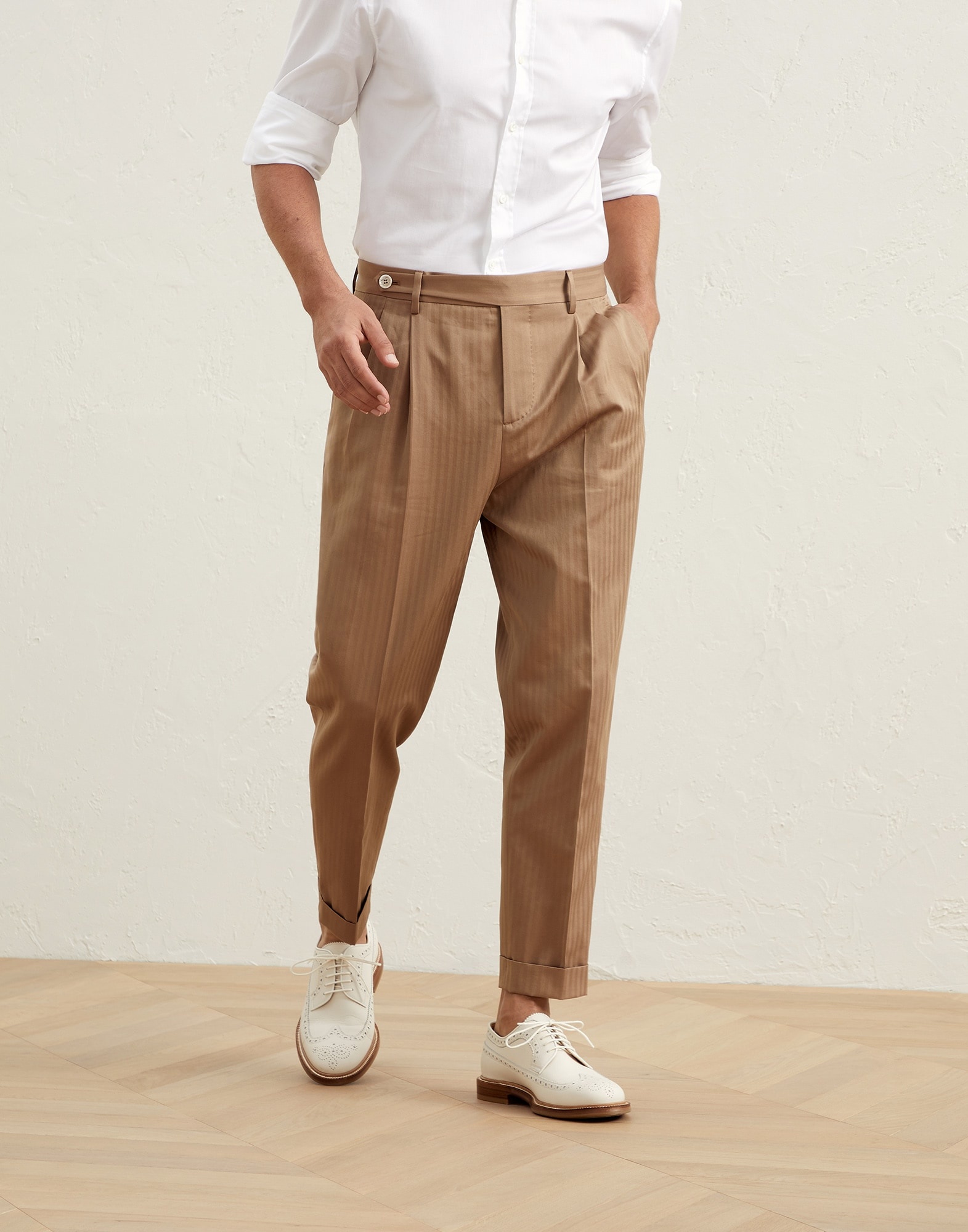 Cotton chevron solaro easy fit trousers with double pleats and tabbed waistband - 1