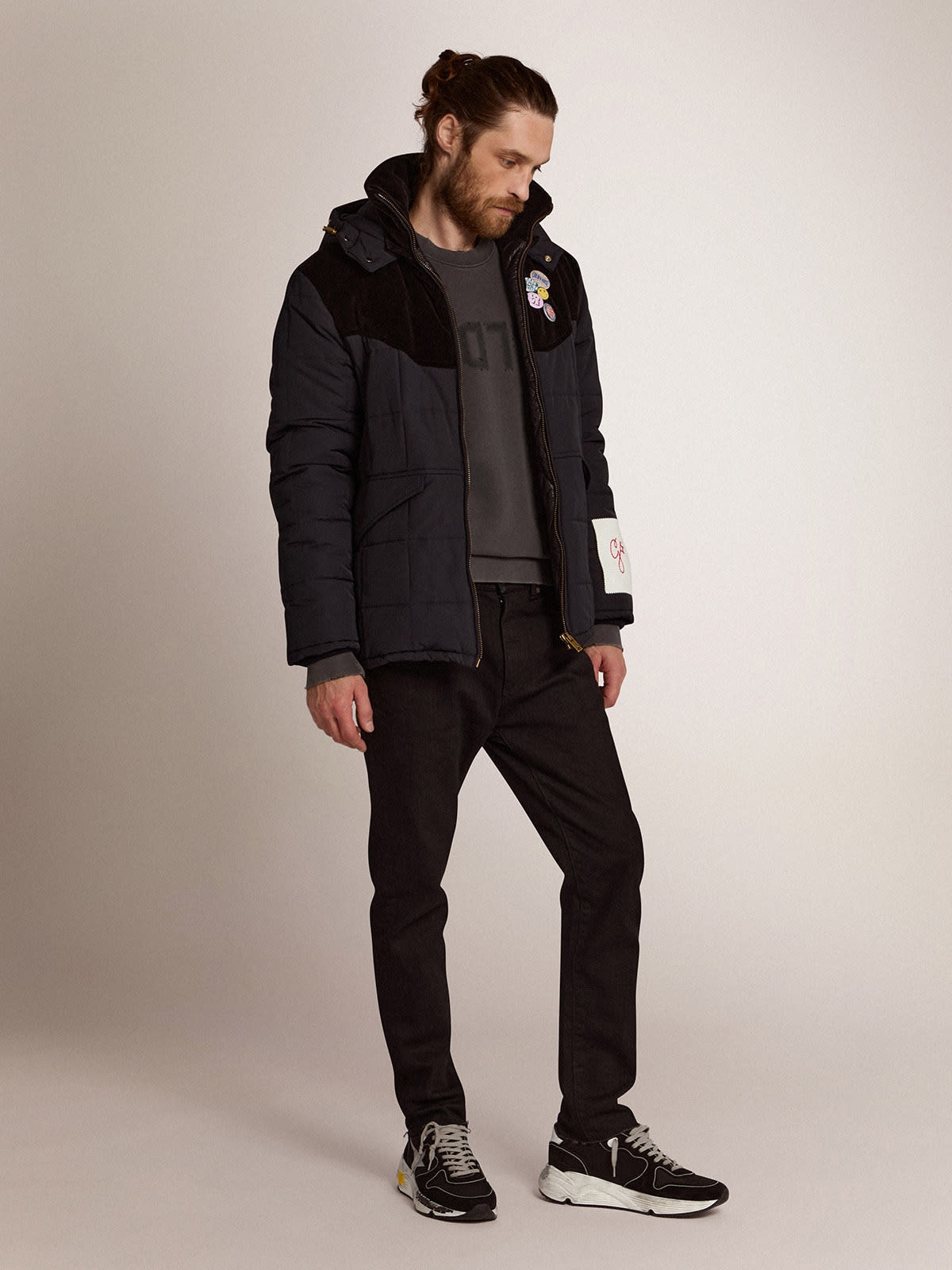 Men's padded jacket in dark blue nylon and black cotton corduroy - 3