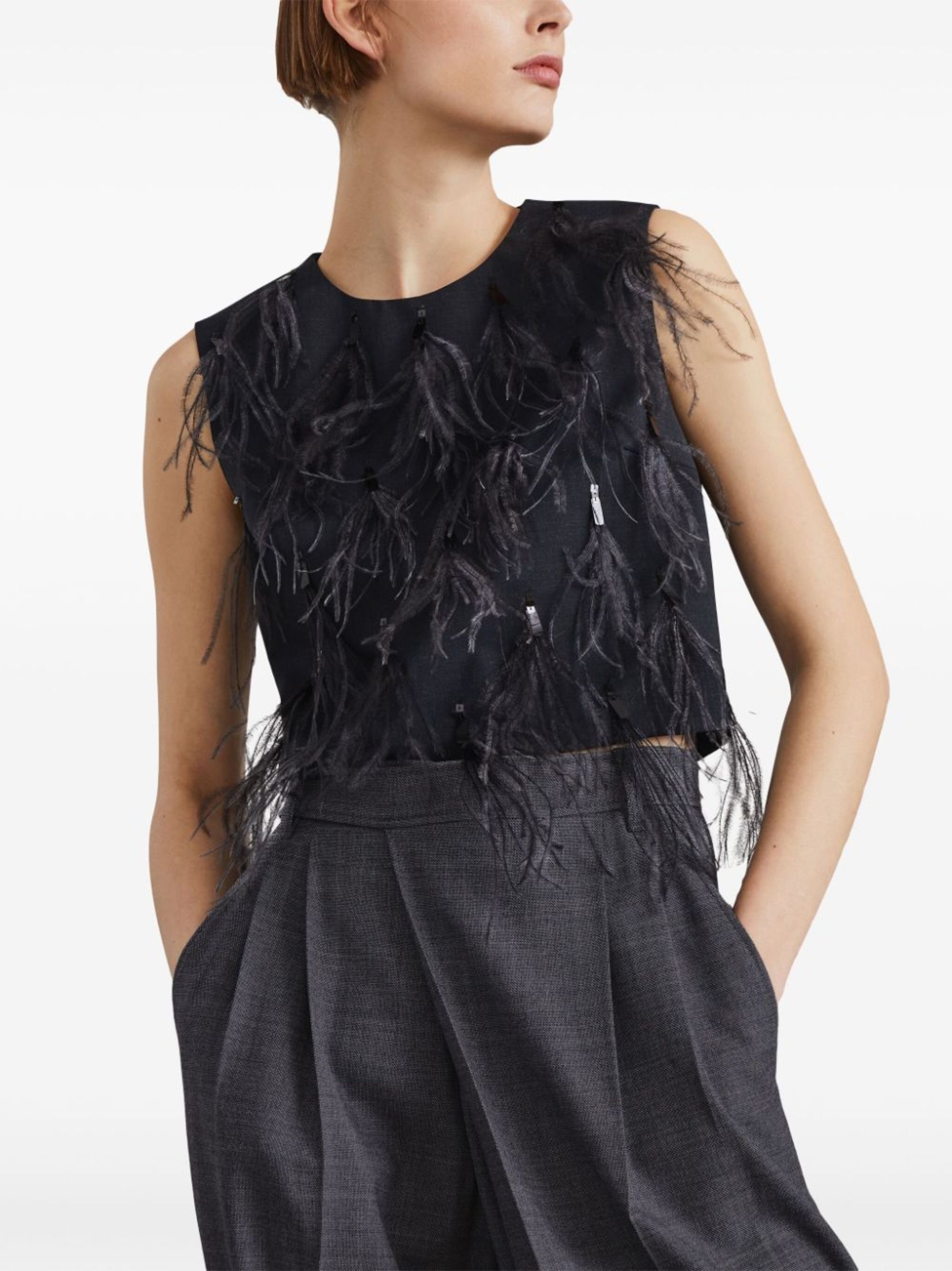 feather-detailing sleeveless top - 3