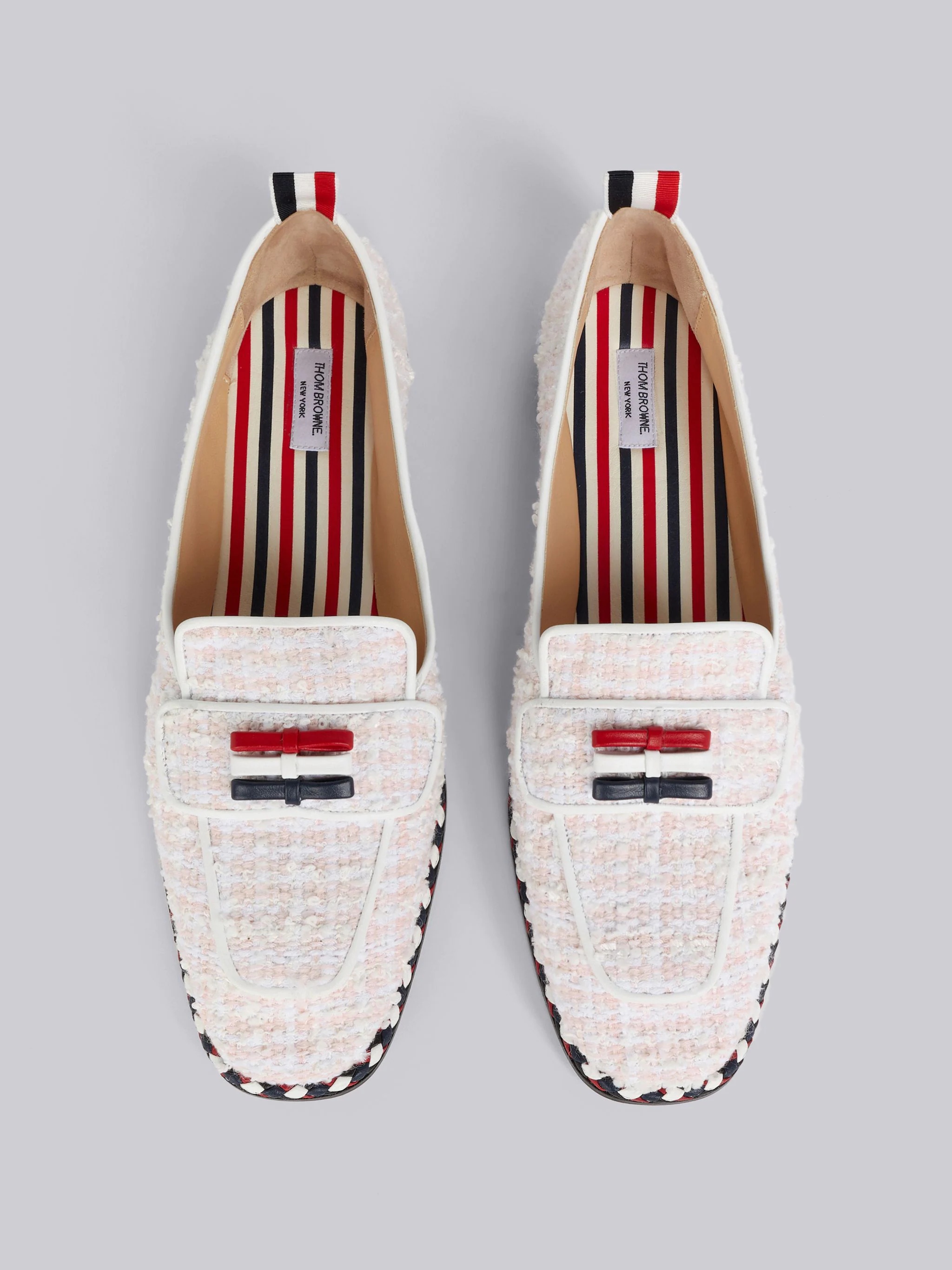 Light Pink Tweed Stripe Cord Trimmed Leather Sole Bow Detail Soft Loafer - 4