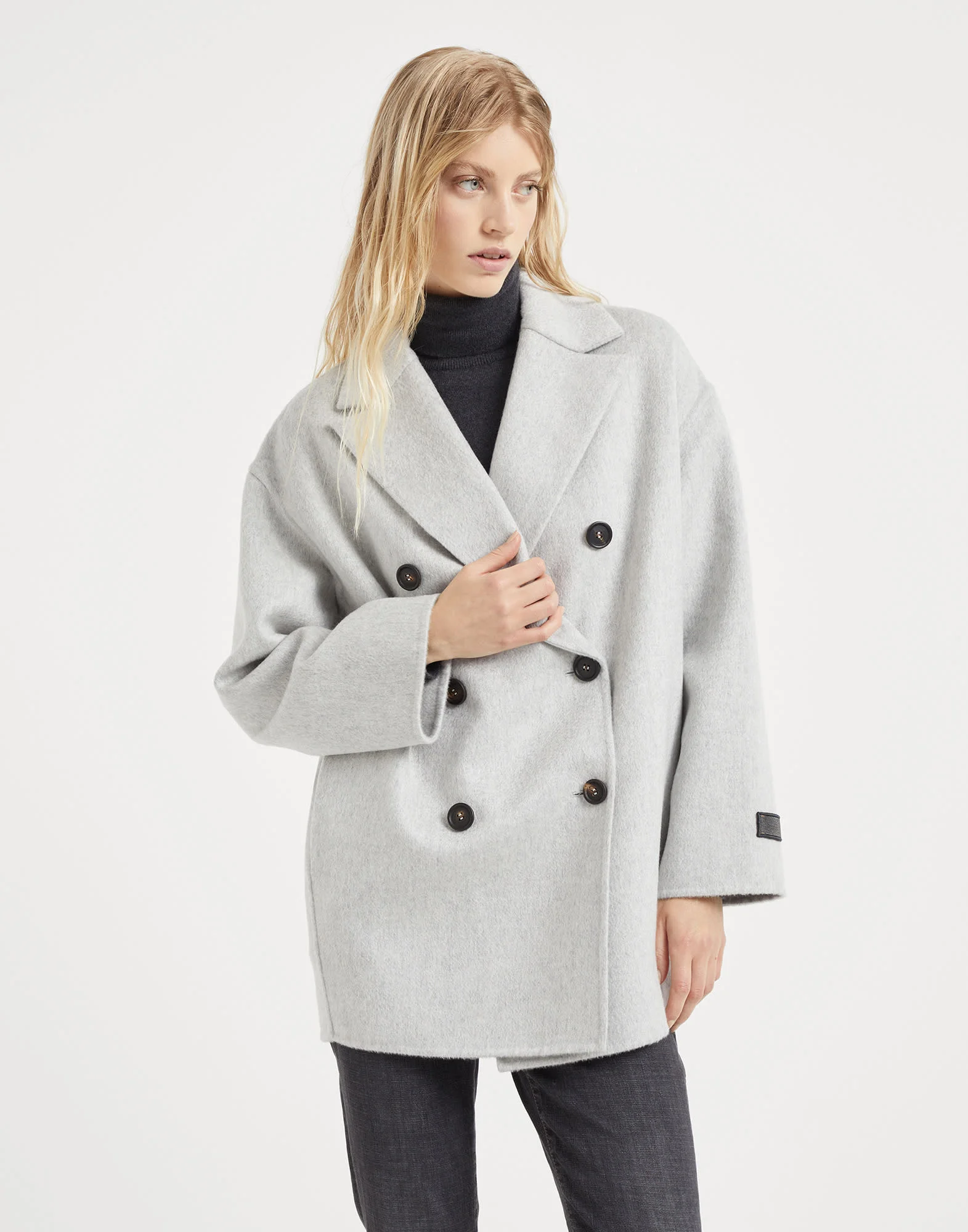 Cashmere double beaver cloth pea coat with precious patch - 1