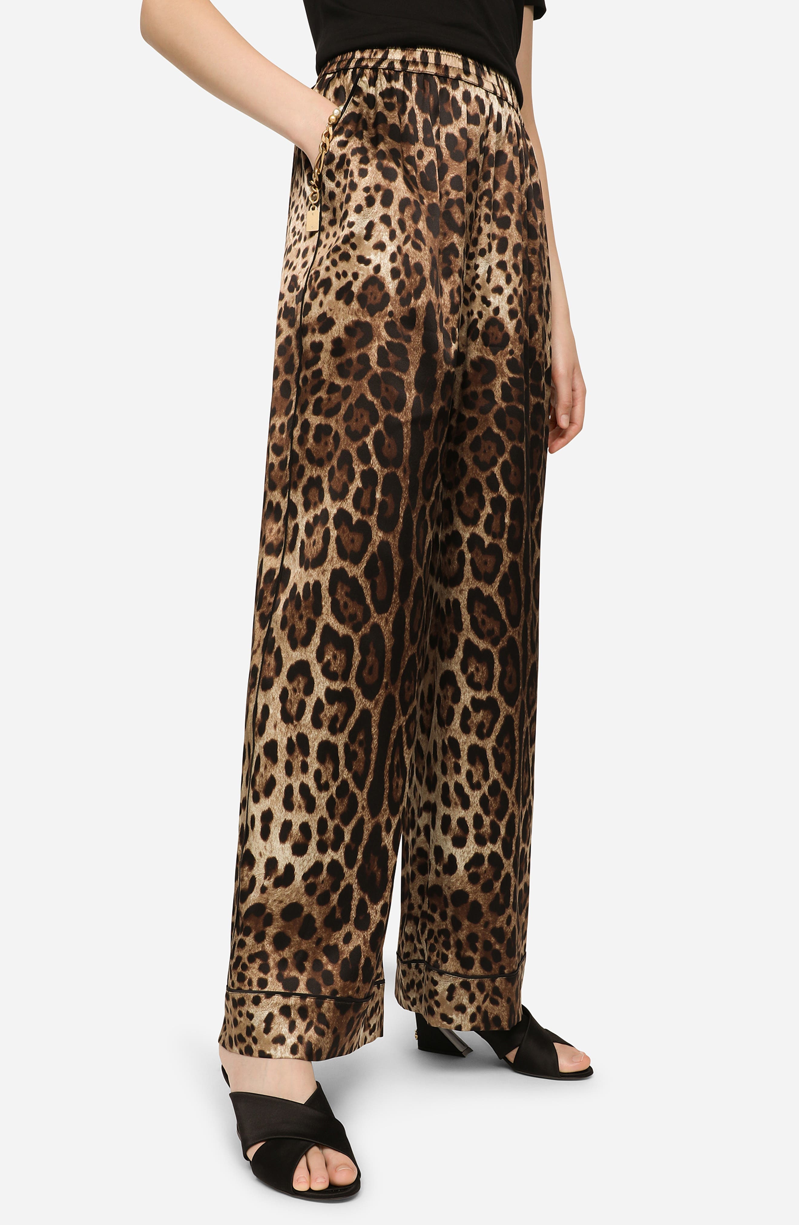 Leopard Print Wide Leg Stretch Silk Satin Pajama Pants - 3