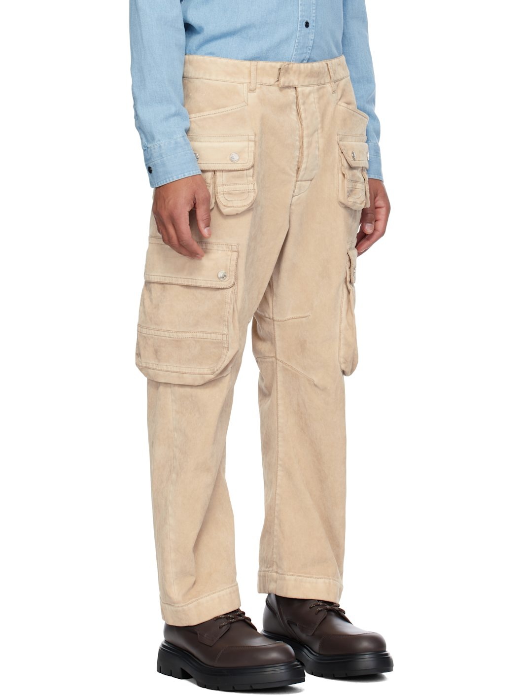 Beige Grunge Denim Cargo Pants - 2