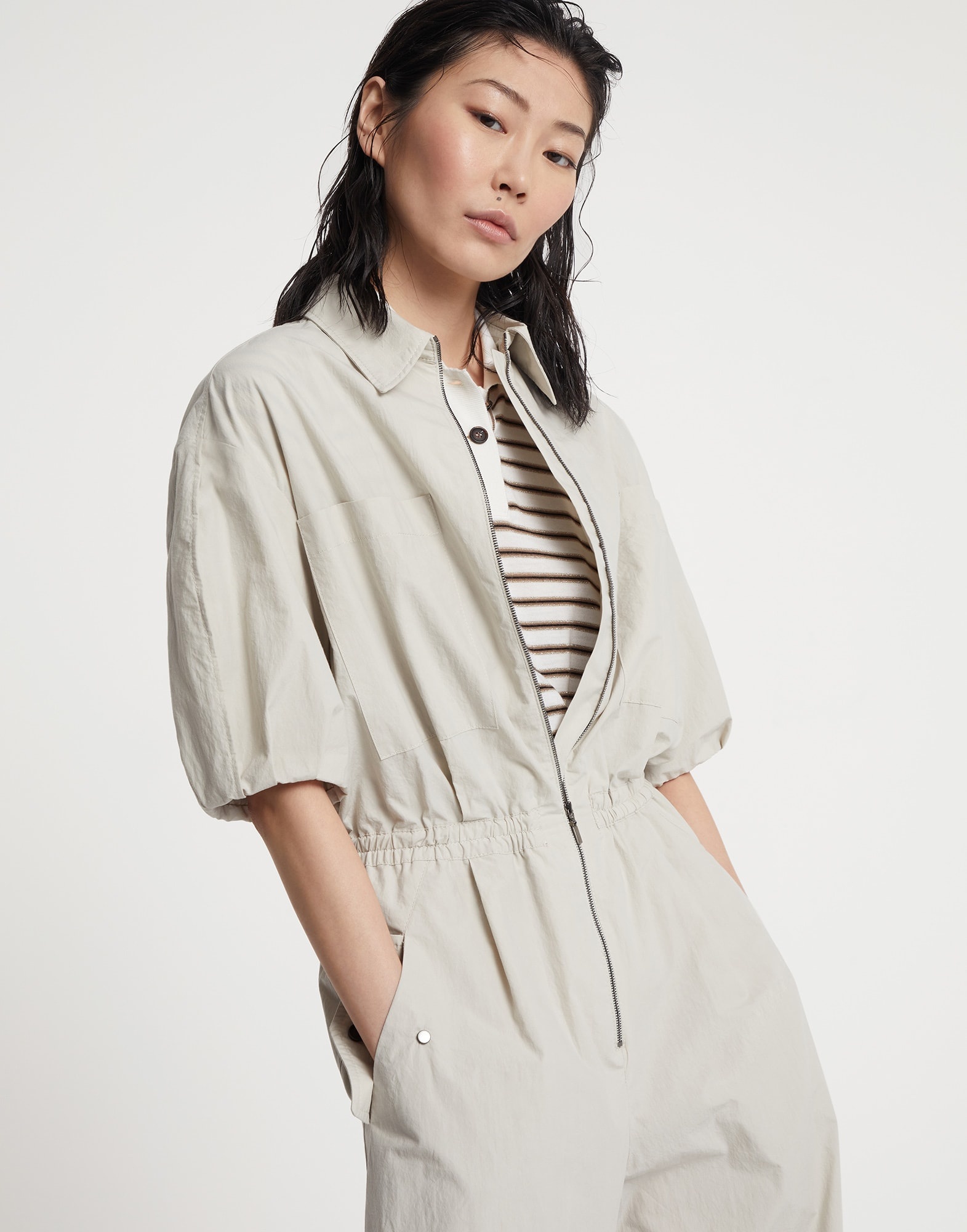 Lightweight wrinkled cotton poplin utility jumpsuit with monili - 4