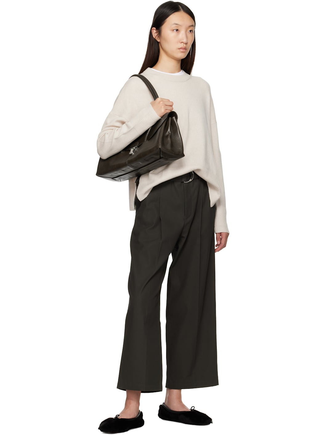 Gray Belted Wide Leg Crop Trousers - 4