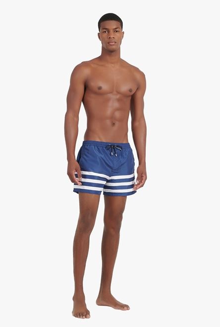 Navy blue swimsuit with Balmain logo print white stripes - 2