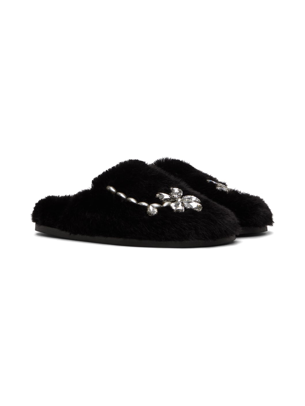 Black Embellished Furry Slippers - 4