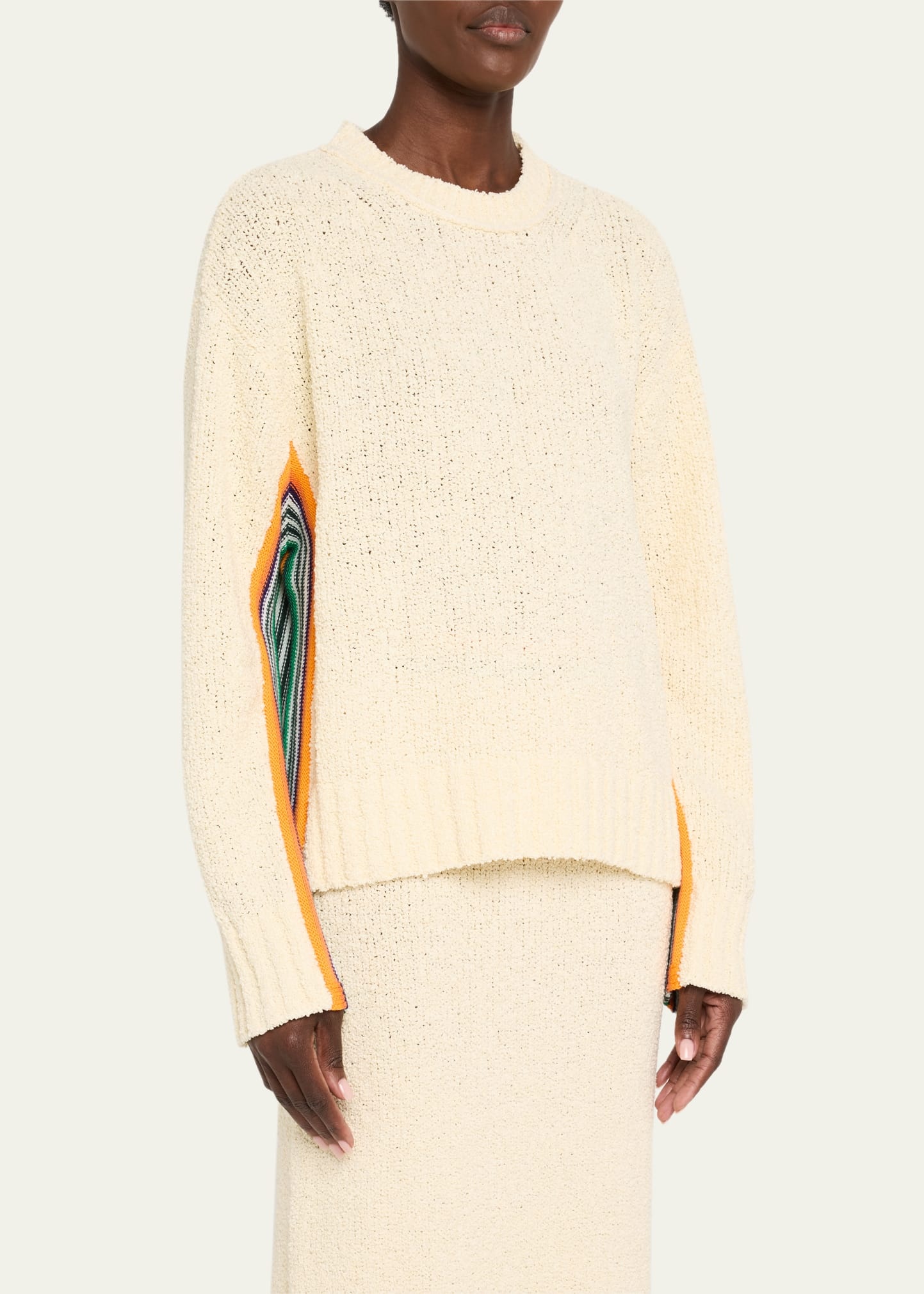 Striped-Side Boucle Knit Crewneck Sweater - 4