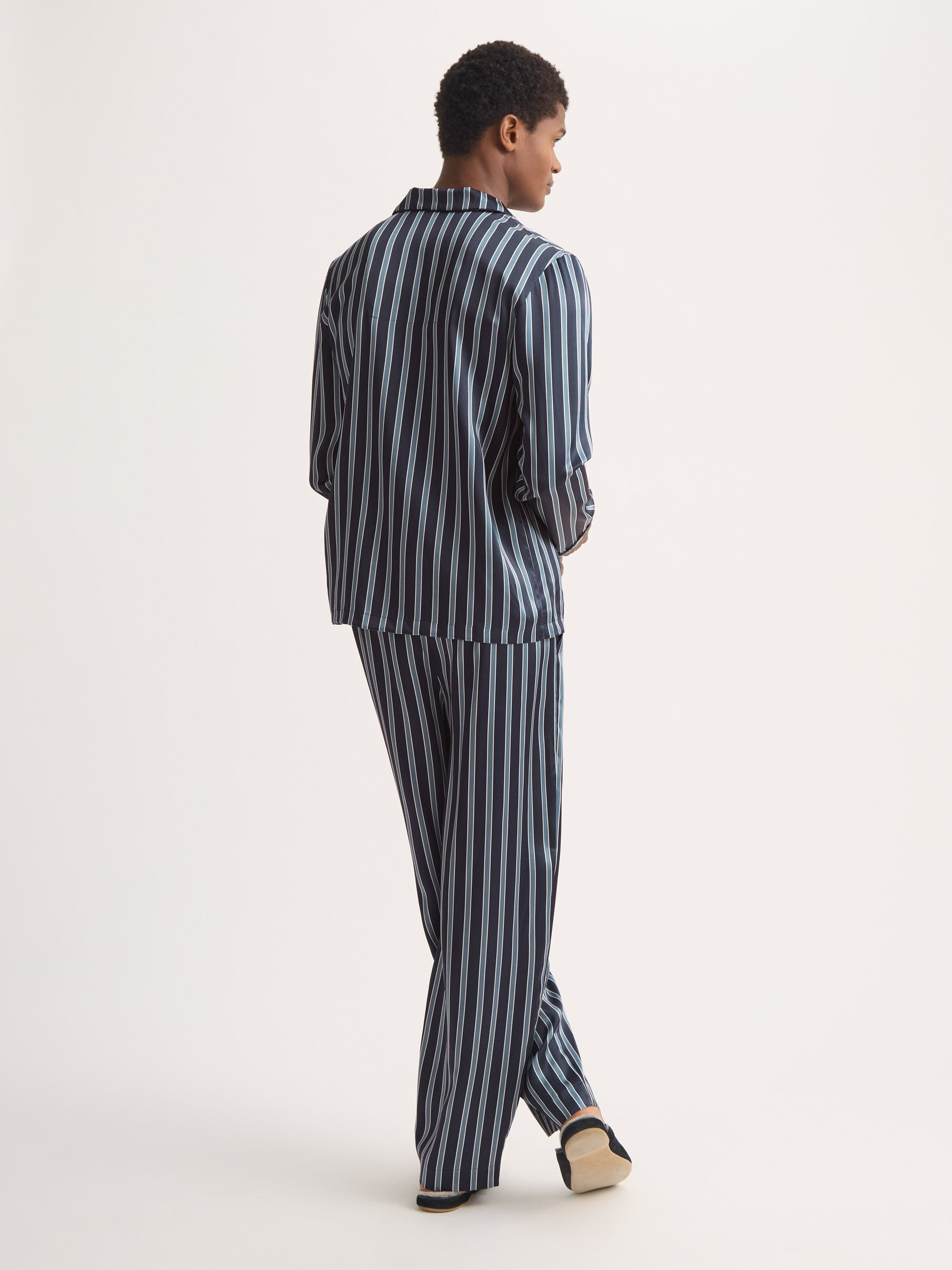 Men's Silk Pajamas Navy Blue & Blue Stripe - 3