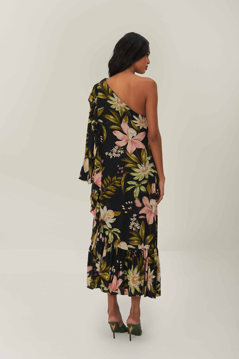 Black Surreal Flowers One-Shoulder Maxi Dress 4
