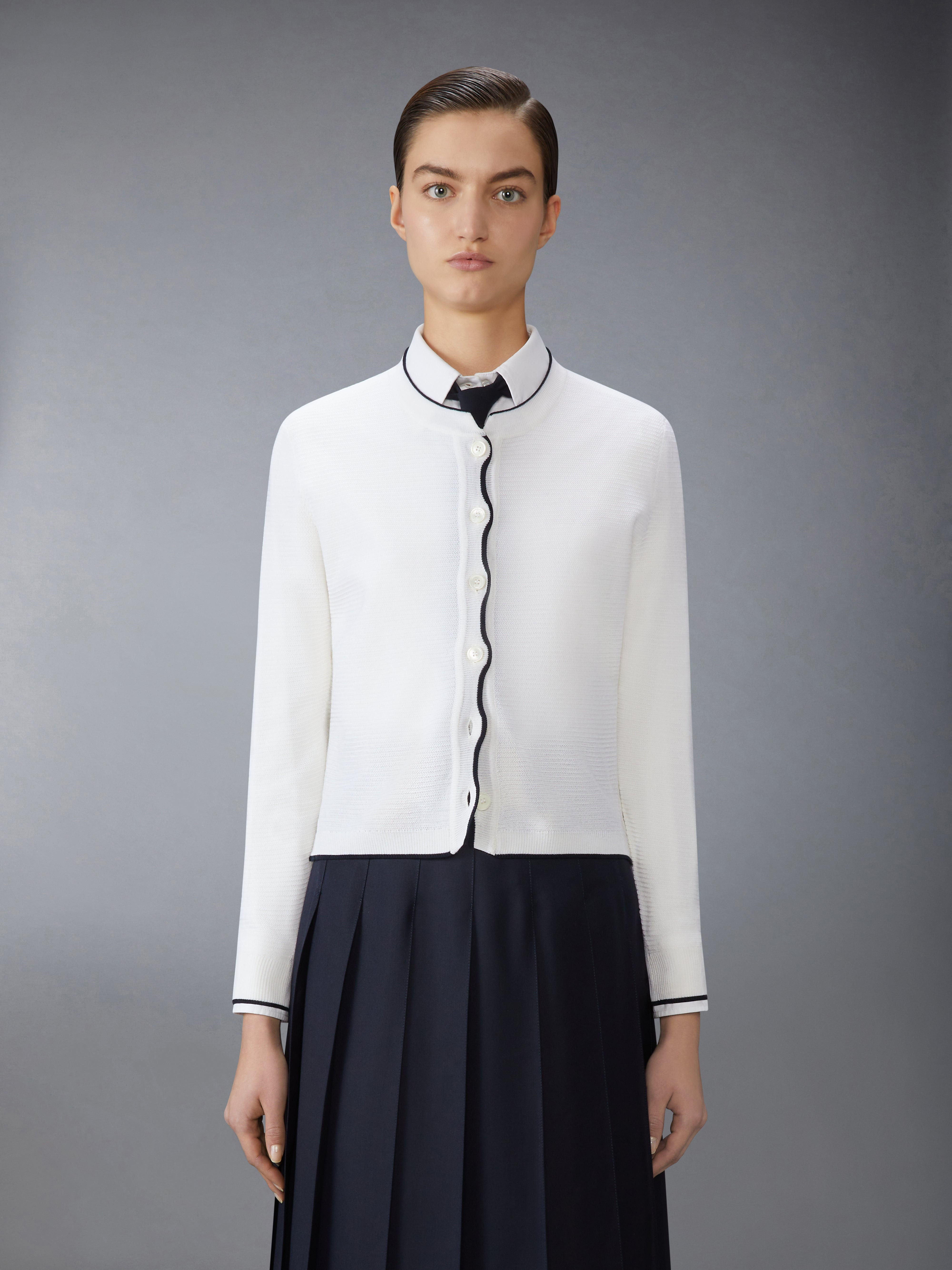 WOOL CREPE 4-BAR CREW NECK CARDIGAN - 2