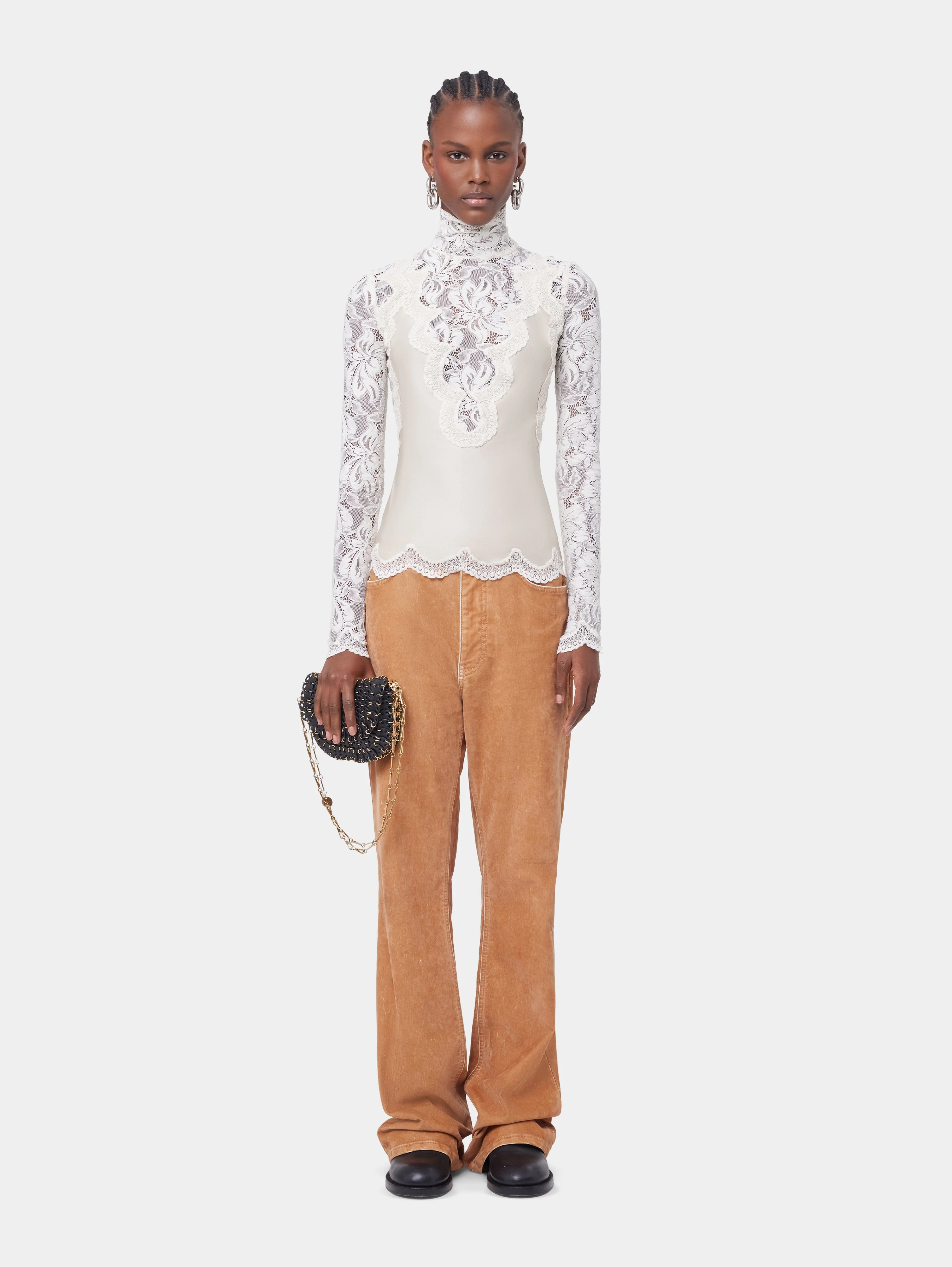 IVORY LONG SLEEVE TOP IN LACE AND JERSEY - 1