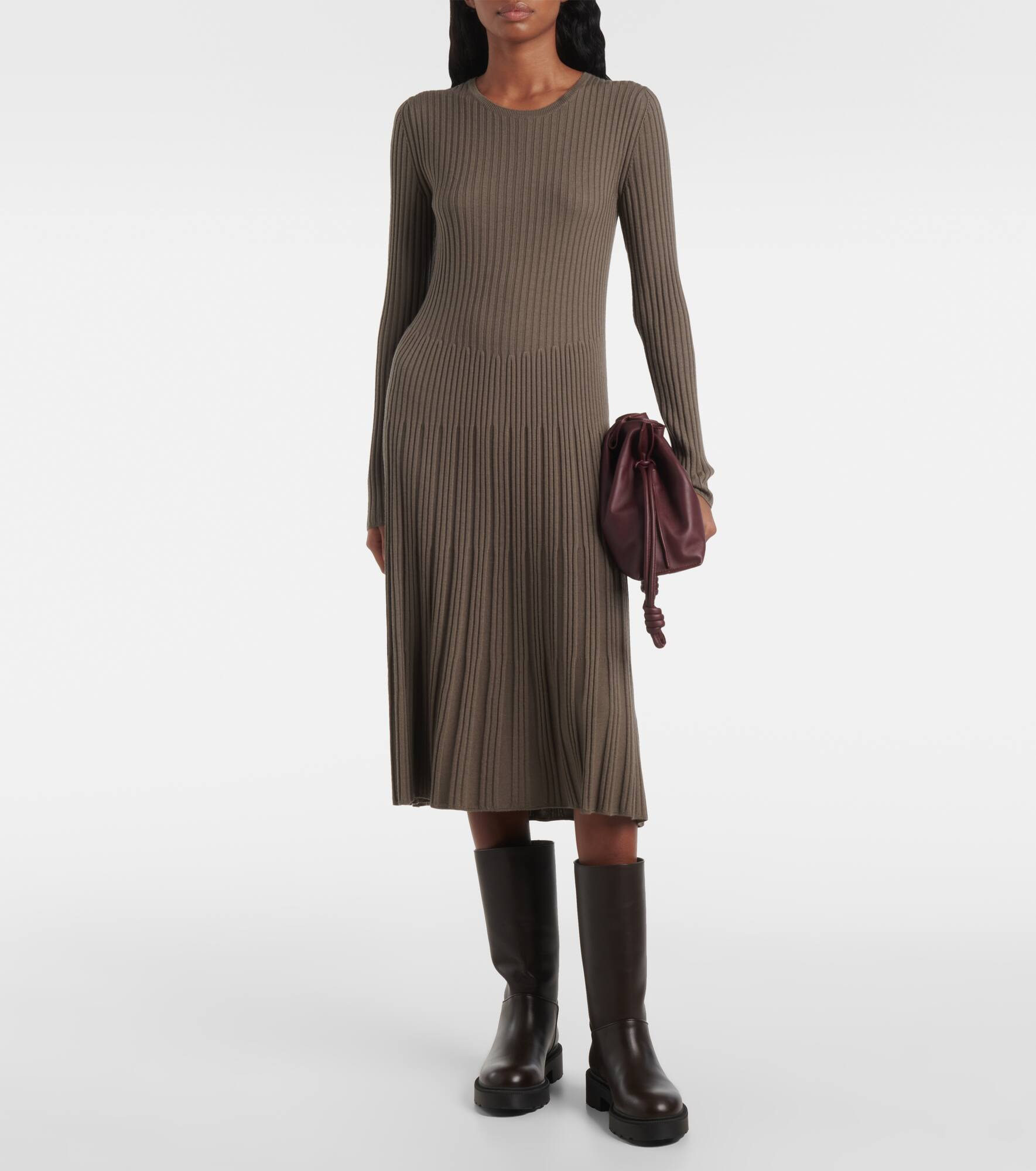Ribbed-knit pleated wool midi dress - 7