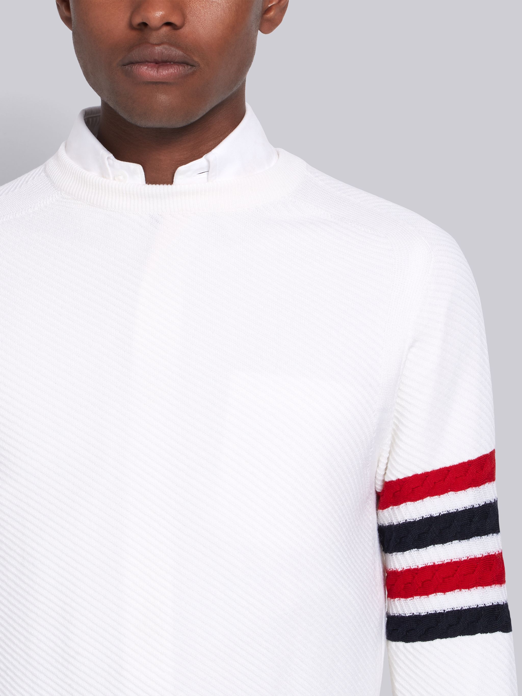 White Fine Merino Wool Diagonal Stitch Crewneck 4-Bar Pullover - 5