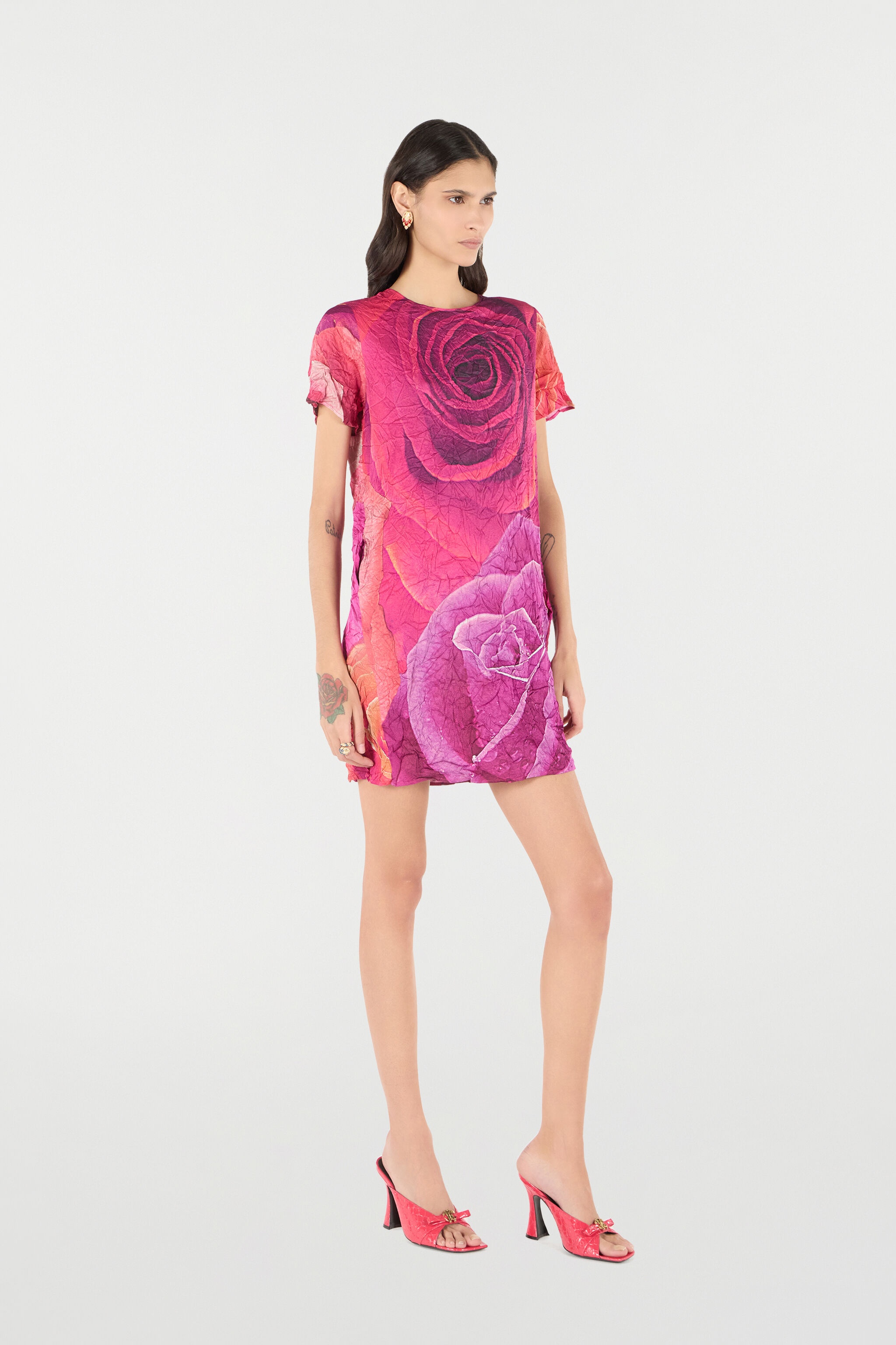 Crinkle-Effect Dress With Rose Print - 3
