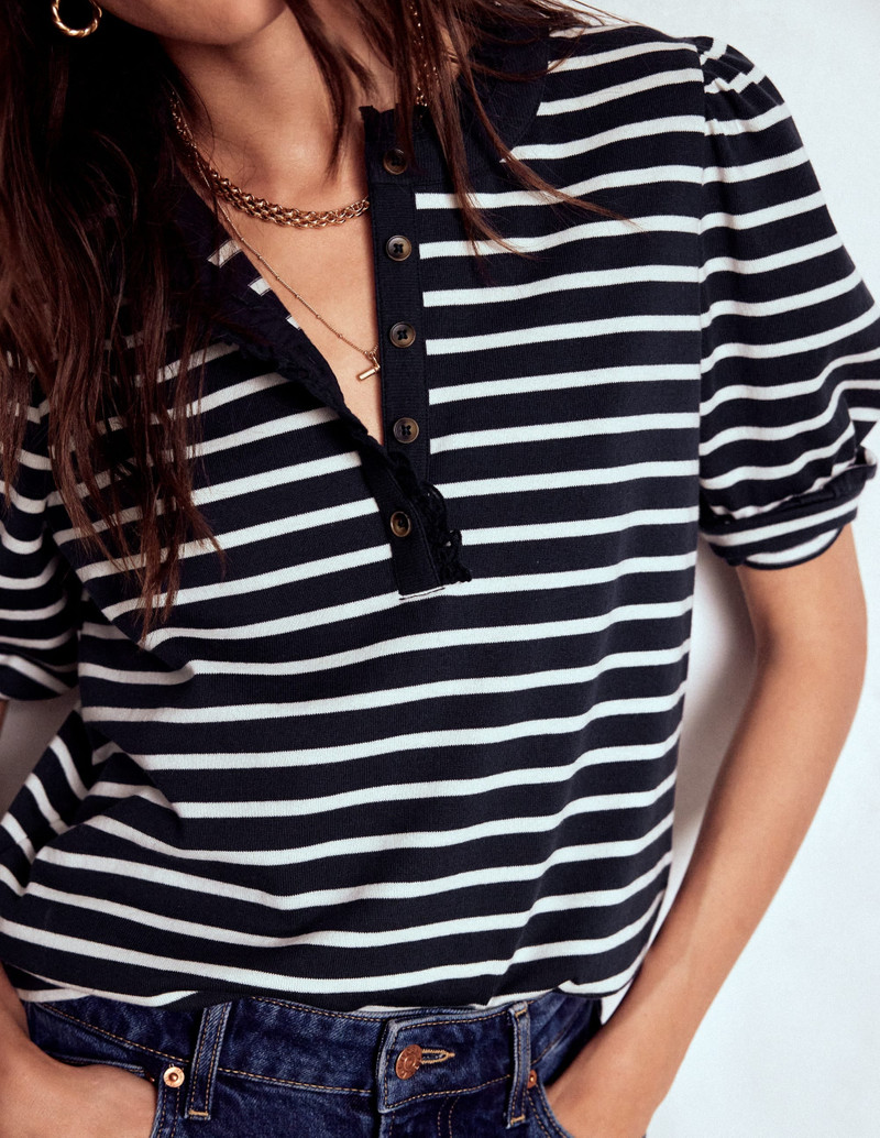 Puff Sleeve Henley-Navy, Ivory Stripe 3