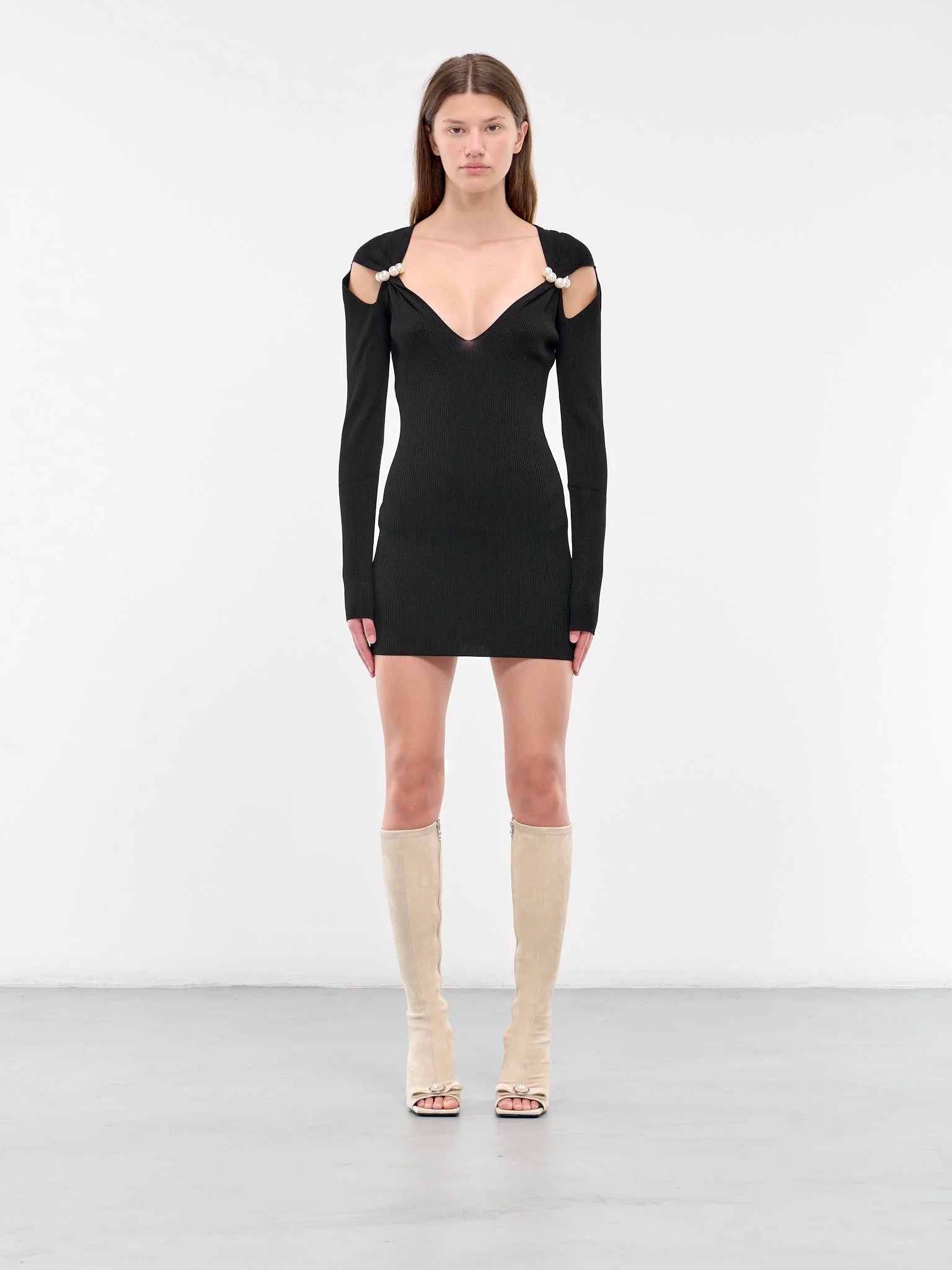 Pearl Shoulders Ribbed Mini Dress - 1