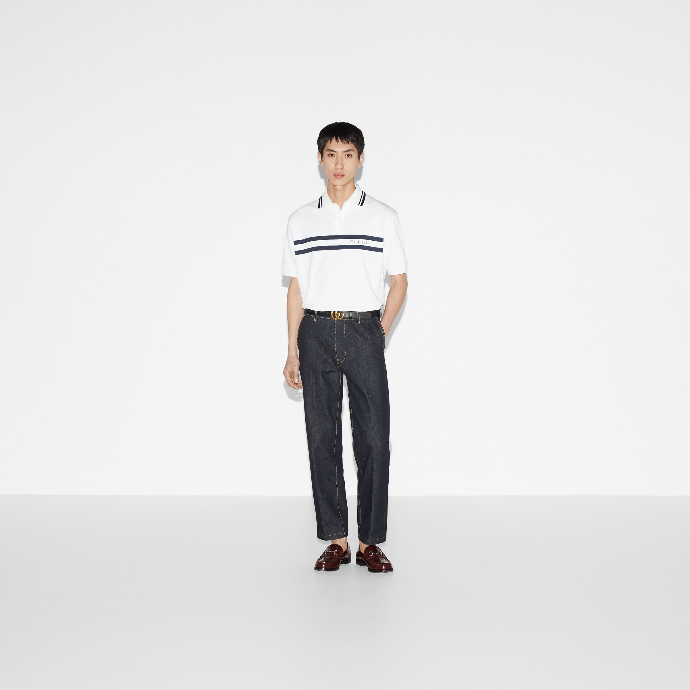 Cotton polo shirt with Gucci print - 2
