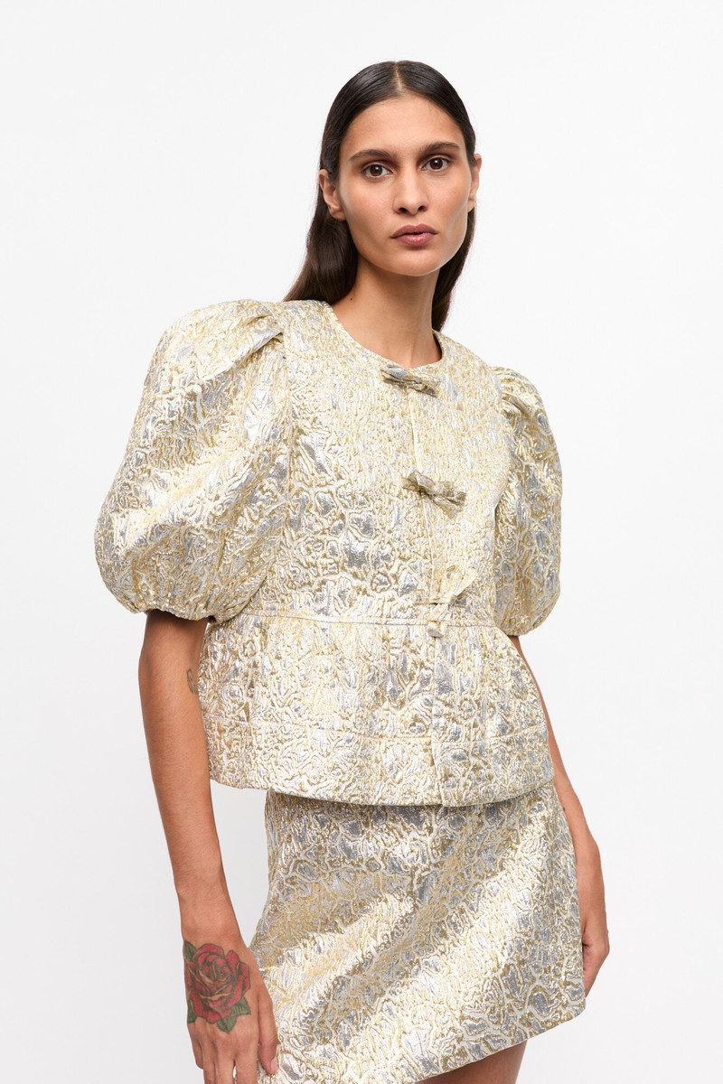 GANNI GOLD AND SILVER PEPLUM TIE STRING BLOUSE outlook