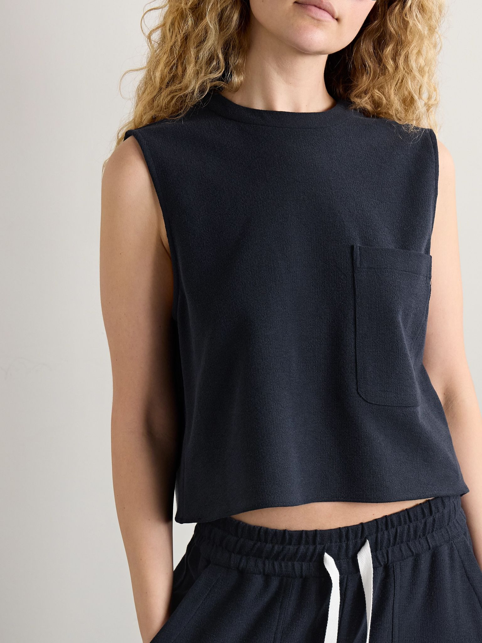 Cropped French wool-blend terry tank Navy - 3