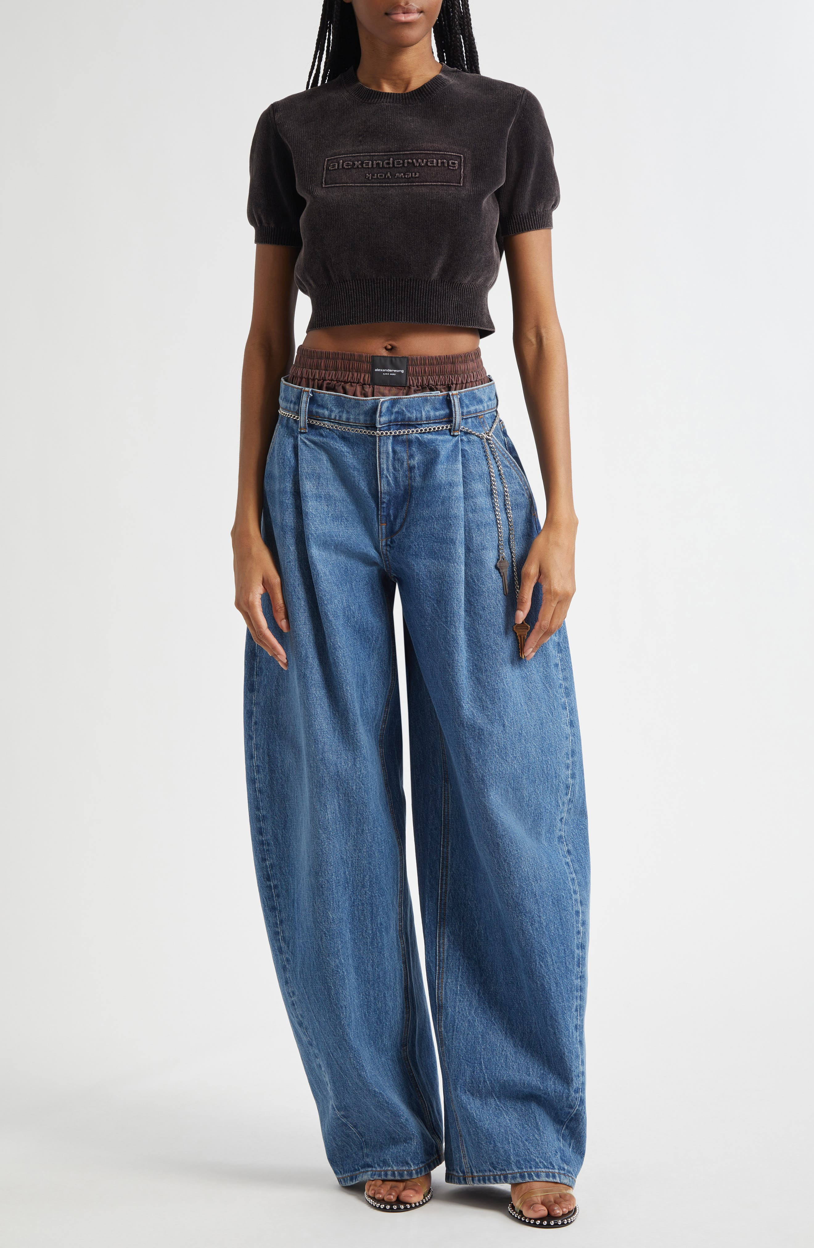 Alexander Wang Logo Short Sleeve Chenille Crop Sweater in Washed Black at Nordstrom - 2