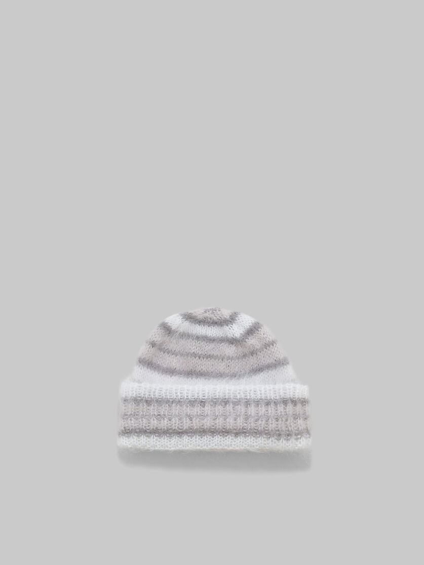 WHITE BRUSHED MOHAIR BEANIE WITH STRIPES - 3