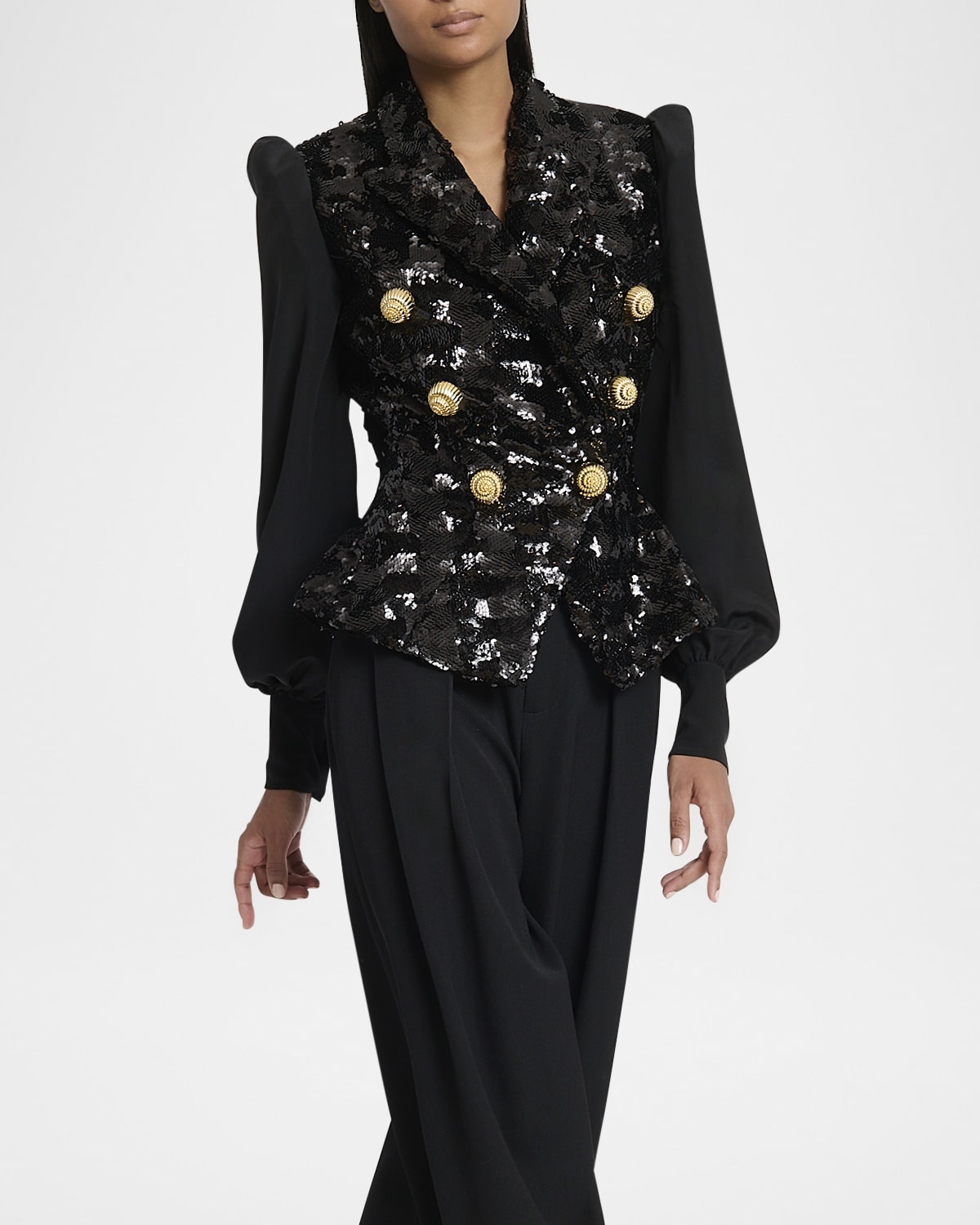 Sequined Double-Breasted Blazer with Muslin Sleeves - 7