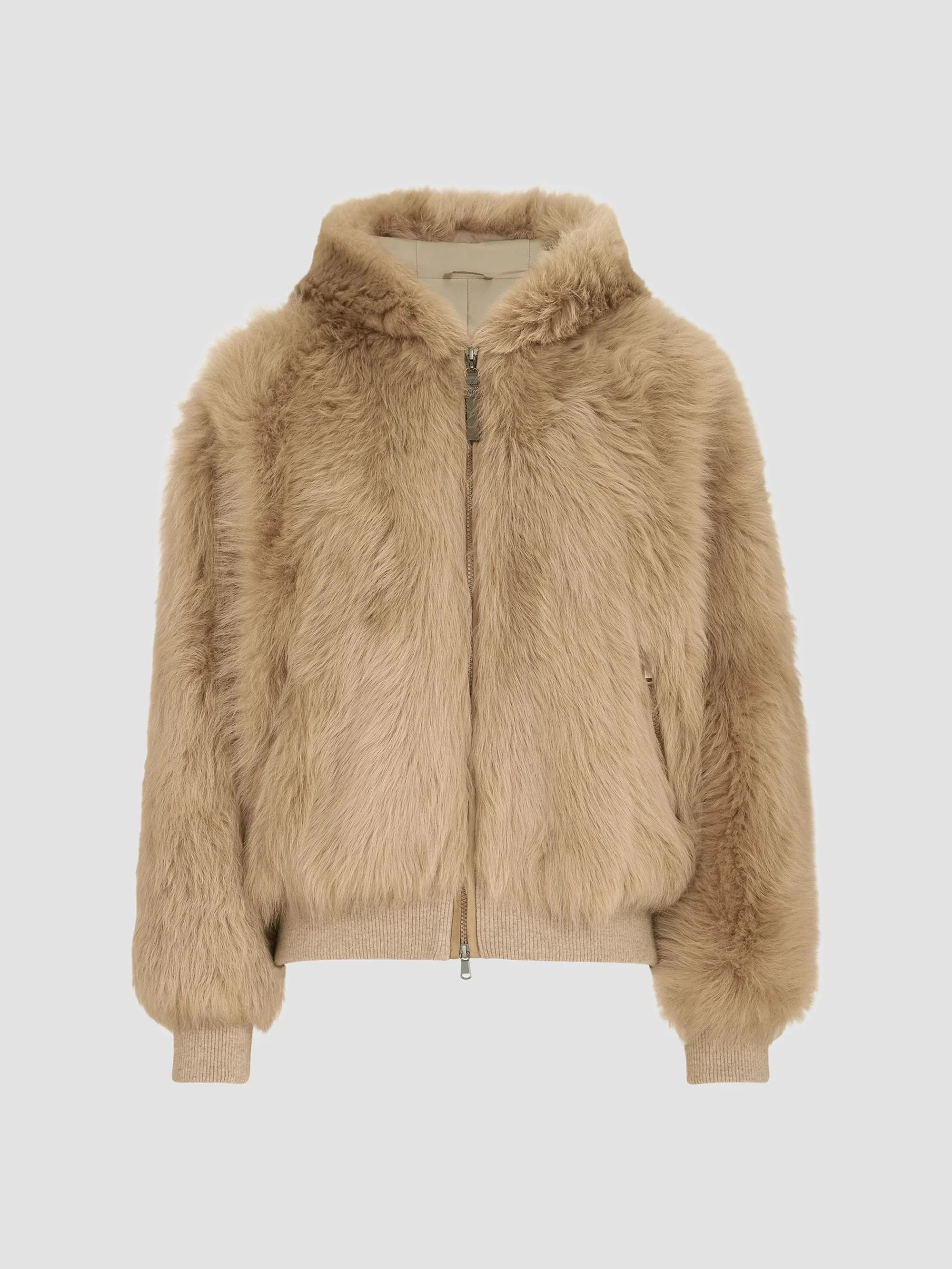 Women's Lux Shearling Padded Outerwear Coat with Shiny Zipper Pull - Honey - 1