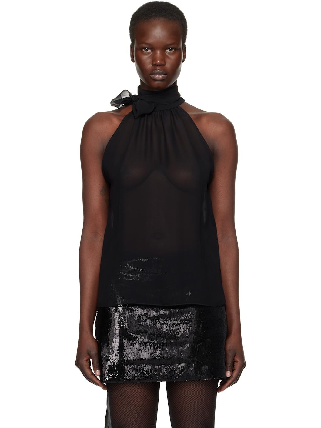 Black Silk Georgette Sleeveless Lavalliere Blouse - 1