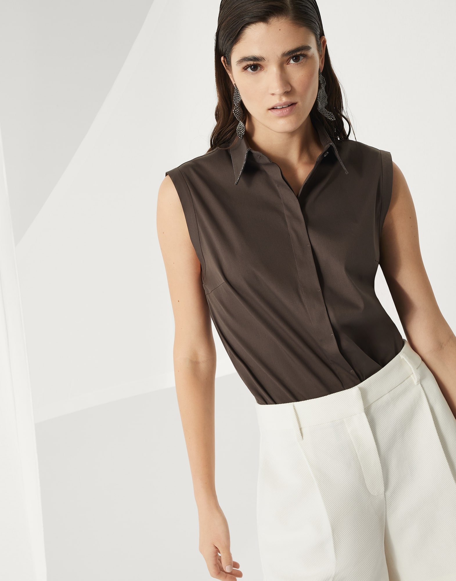 Stretch cotton poplin sleeveless shirt with shiny trim - 4