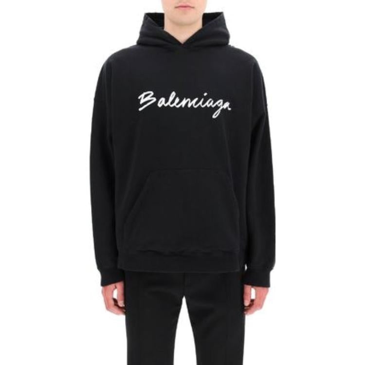 Balenciaga Script Logo Oversized Popover Hoodie 'Black White' 674986TMVB51070 - 2