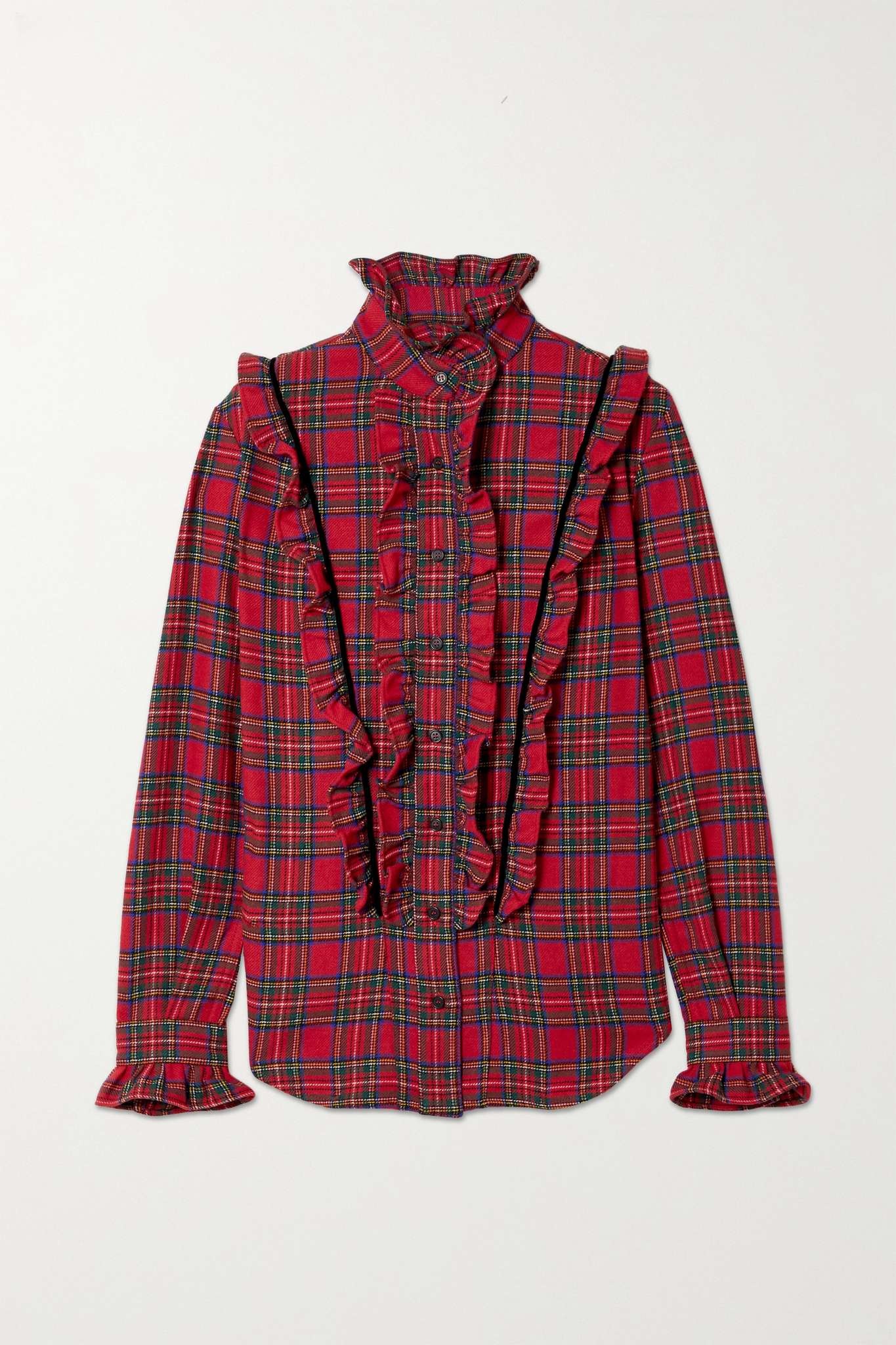 Velvet-trimmed ruffled tartan wool-blend shirt - 1