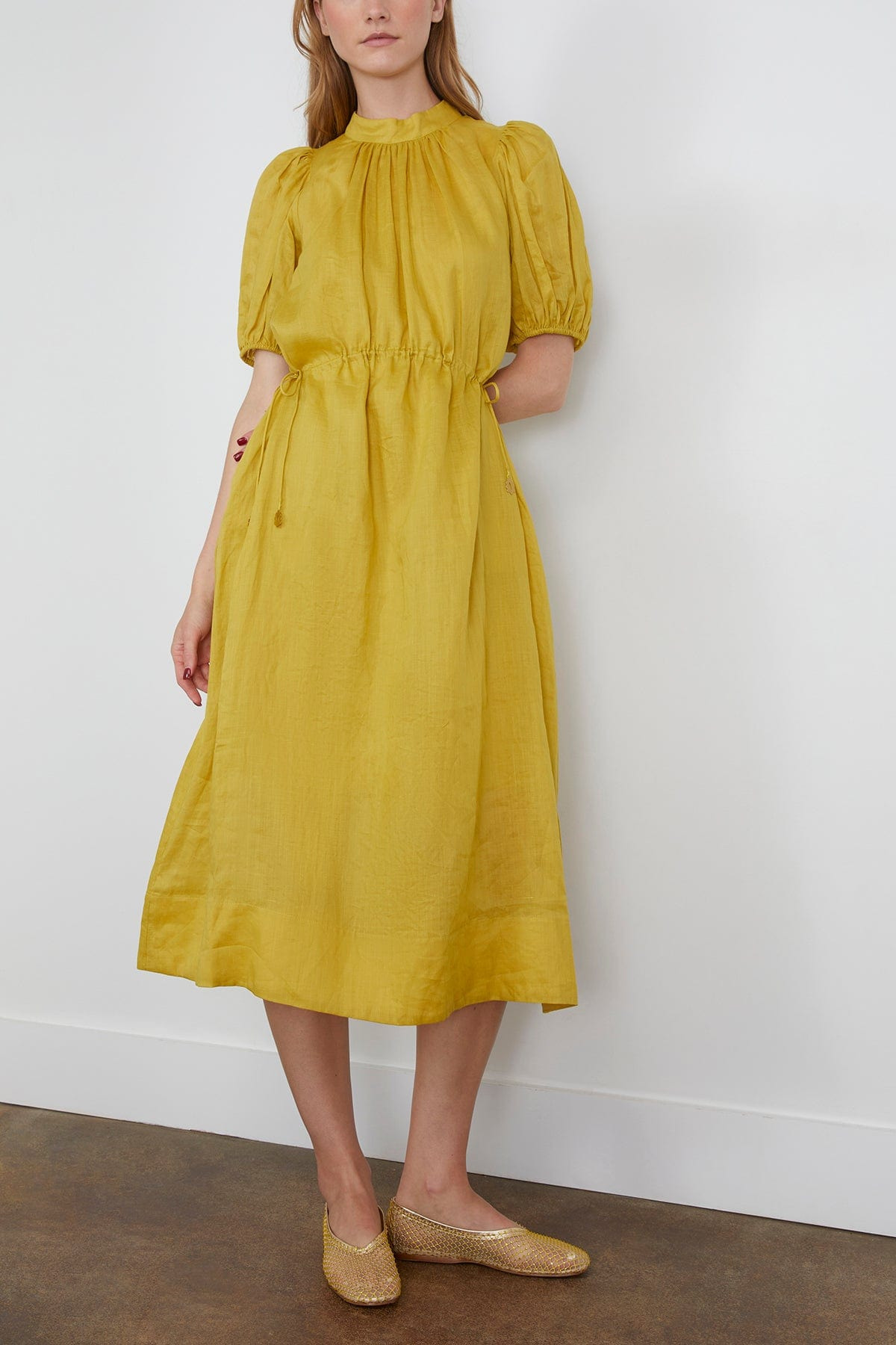 Anise Solid Puff Sleeve Midi Dress in Chartreuse - 3
