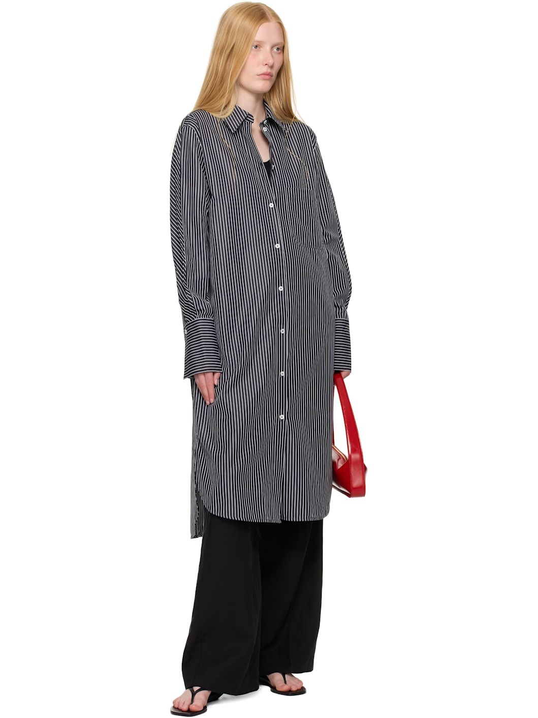 Black & Whte Striped Shirt Midi Dress - 4