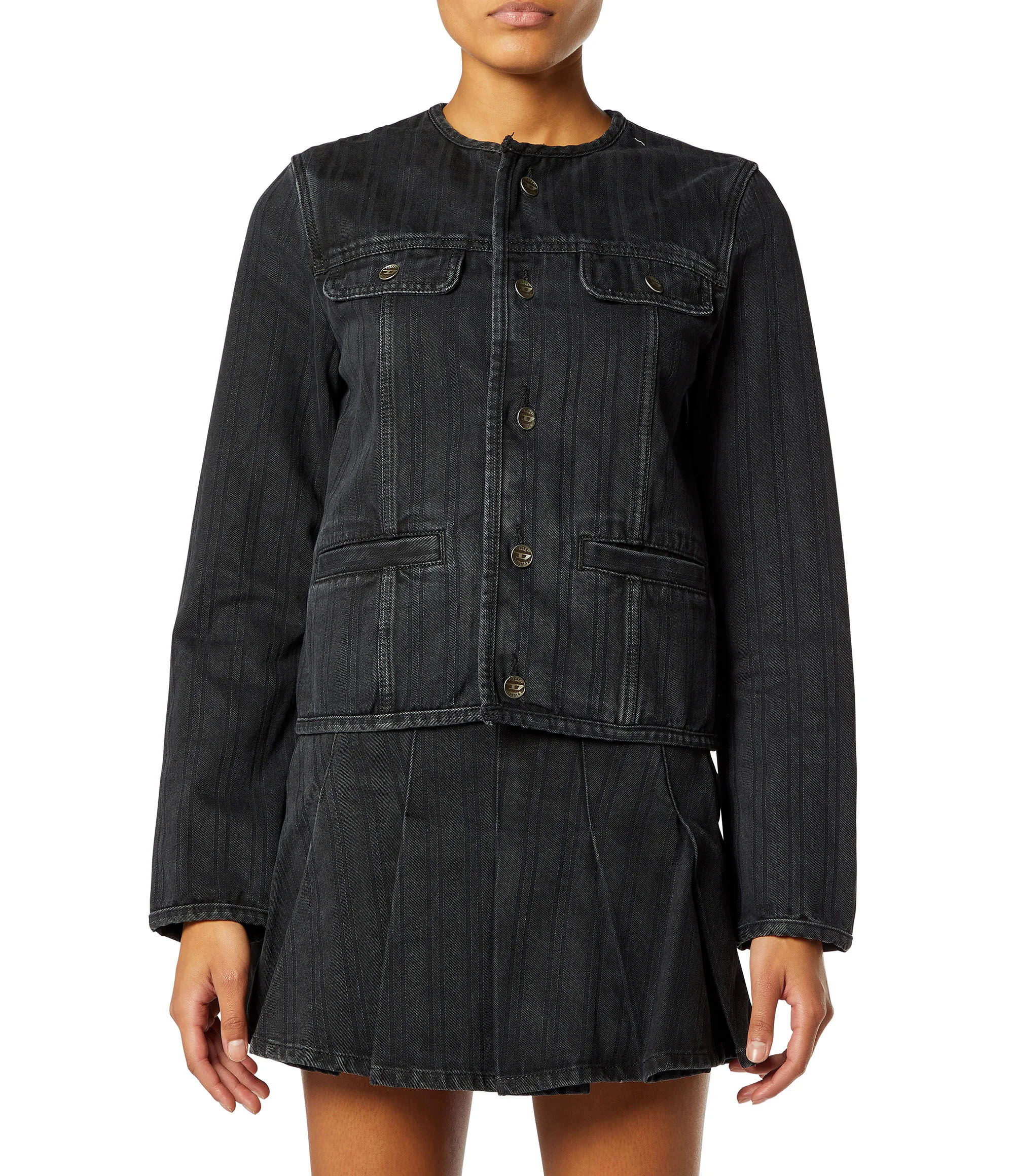 COLLARLESS JACKET IN PINSTRIPE DENIM - 1
