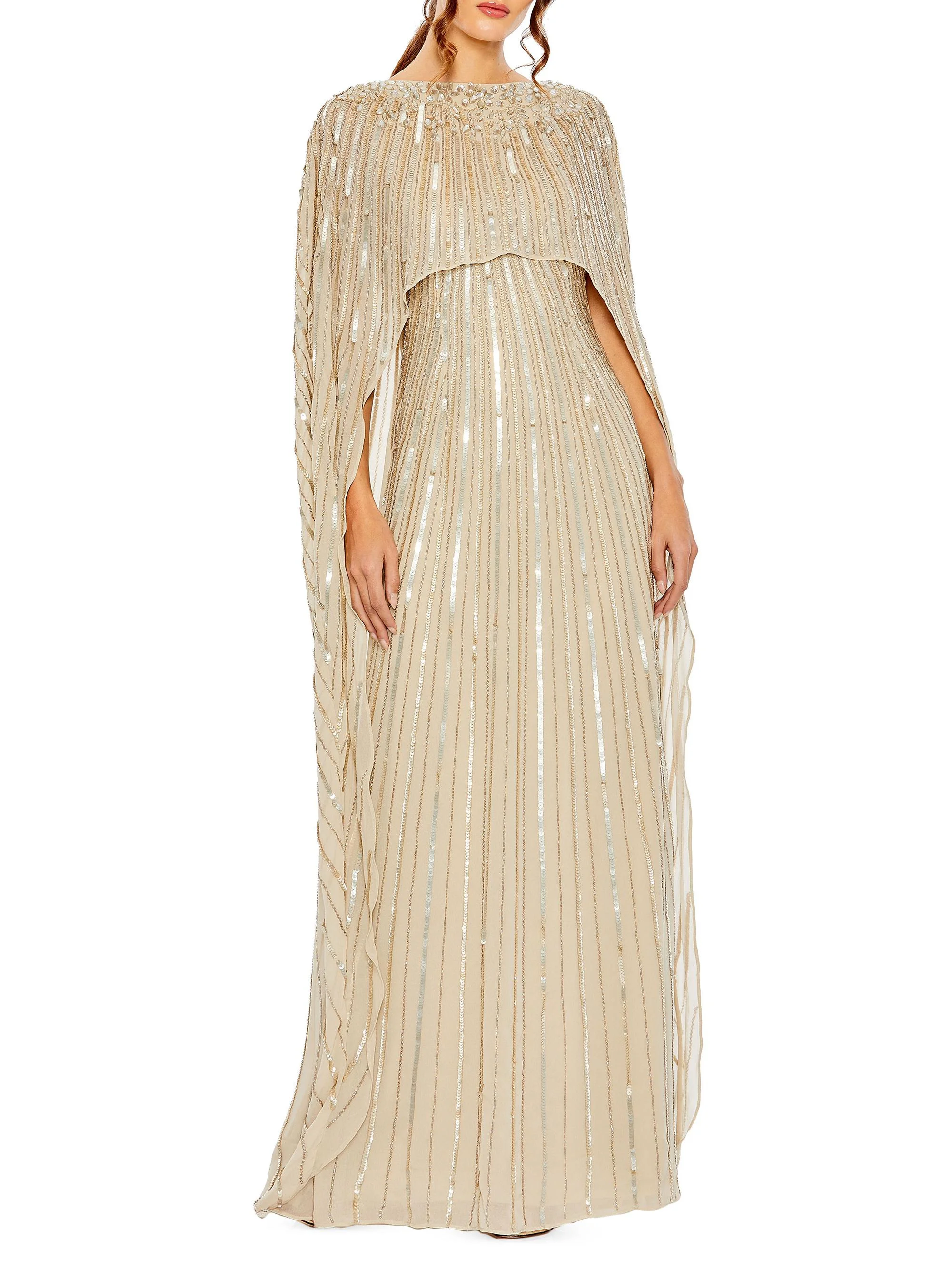 Women's Sequined Column Cape Gown - Champagne - 1