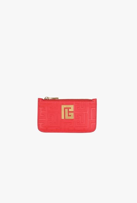 Red debossed leather card holder with Balmain monogram - 1