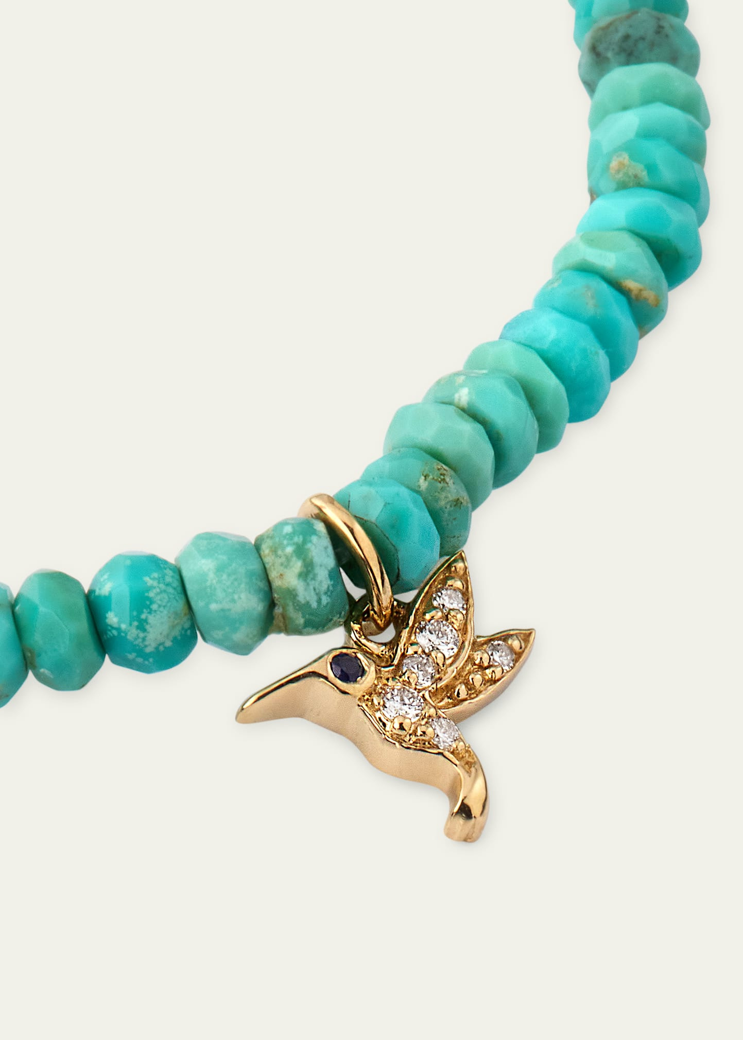 14K Yellow Gold Tiny Hummingbird Diamond Charm and Arizona Turquoise Bead Bracelet - 3