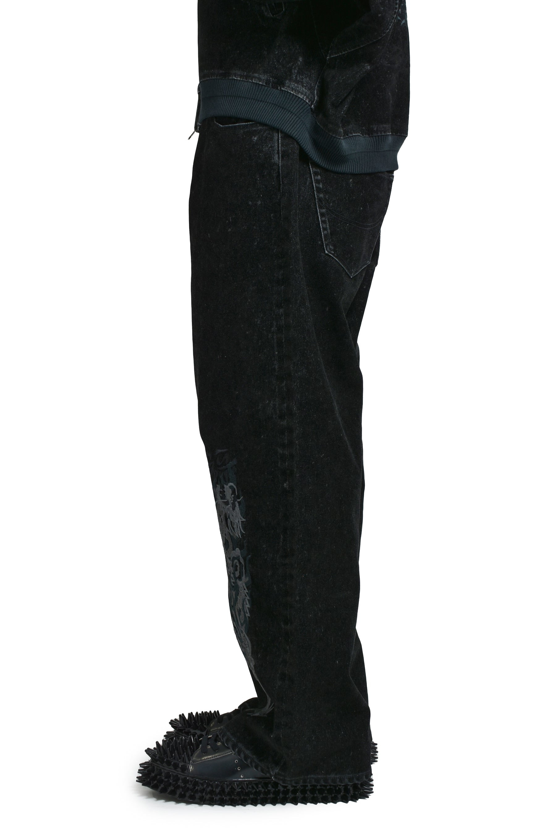 FLOCKED DEINM EMBROIDERED PANTS / BLK - 3