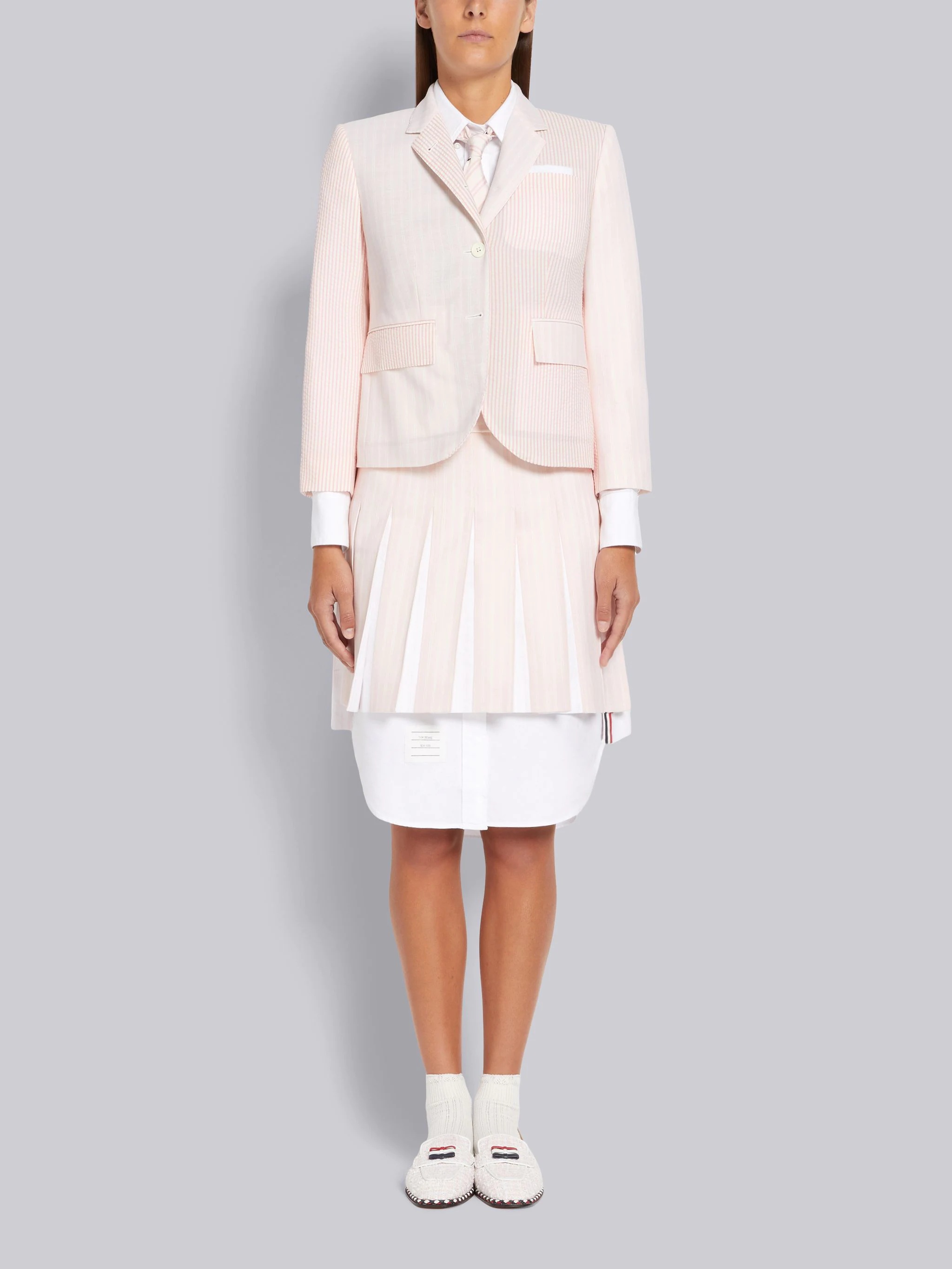 Light Pink Hairline Stripe Twist Yarn Suiting Oxford Pleat Dropped Back Pleated Mini Skirt - 4