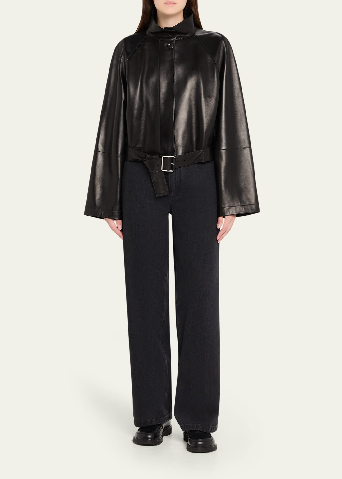 High-Neck Leather Belted Crop Trench Jacket - 2