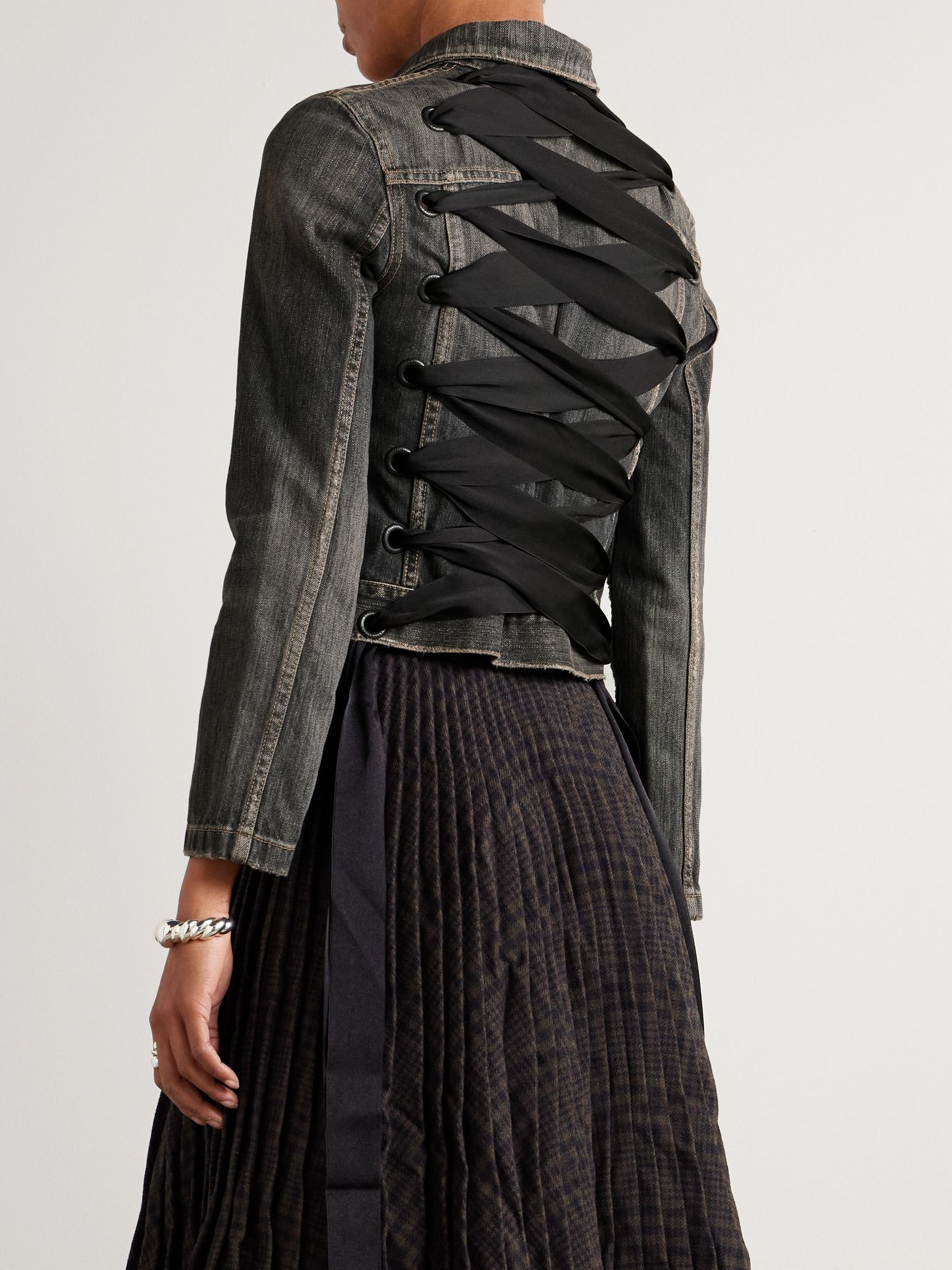 Lace-up satin-trimmed denim jacket Dark gray - 3