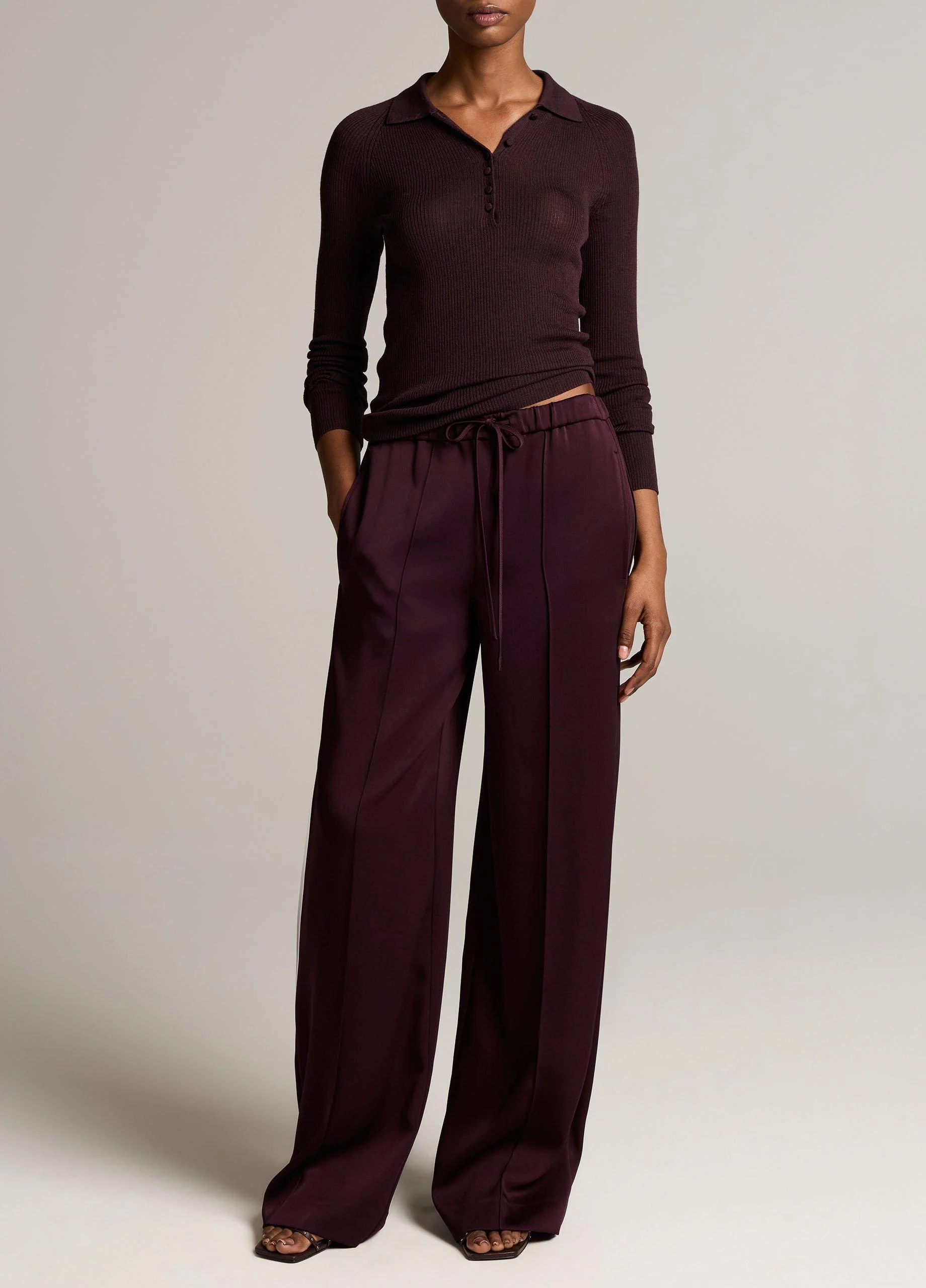 Satin Mid-Rise Drawstring Pant - 1