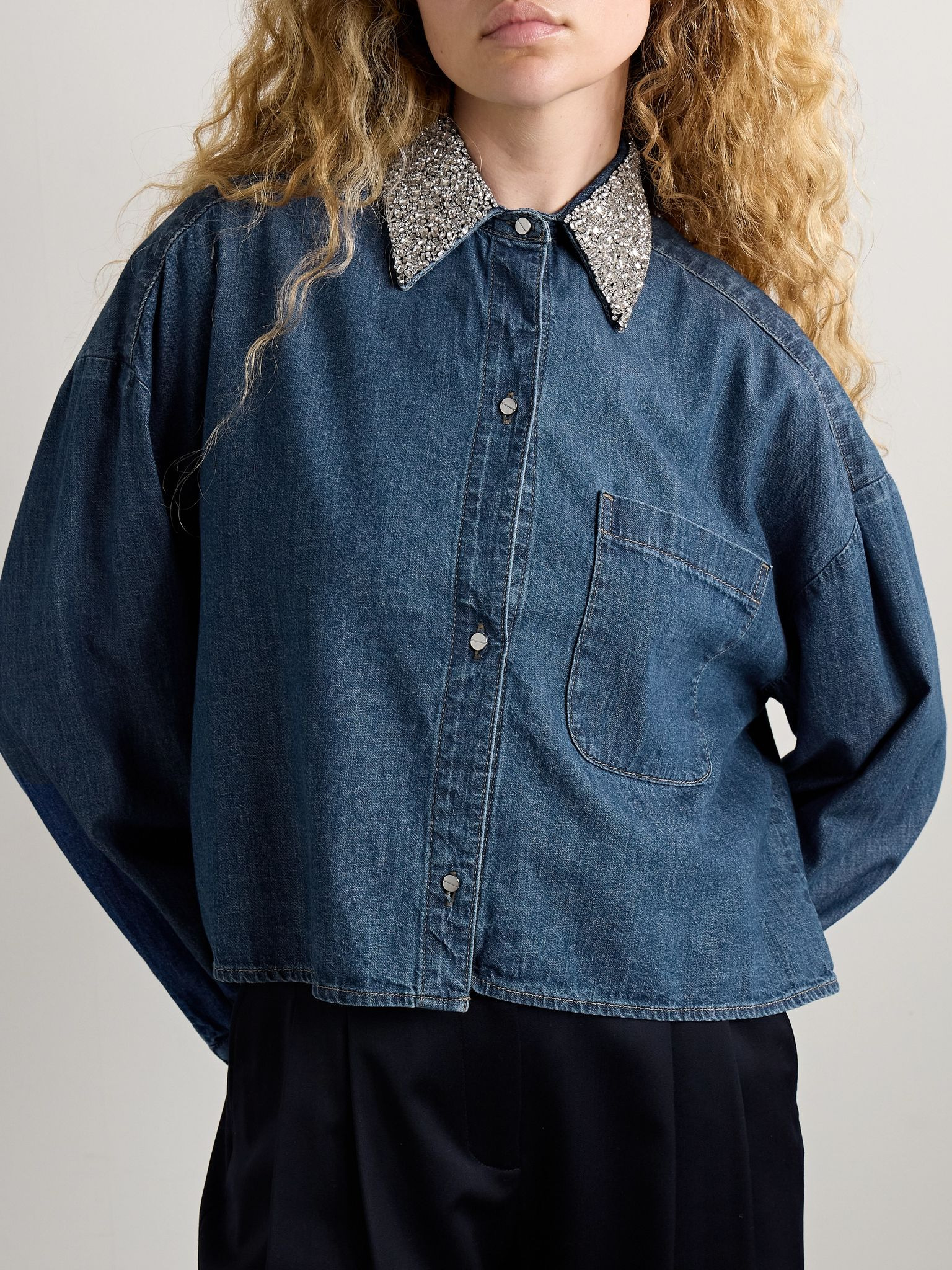 My Ex's Denim cropped crystal-embellished denim shirt Dark denim - 3